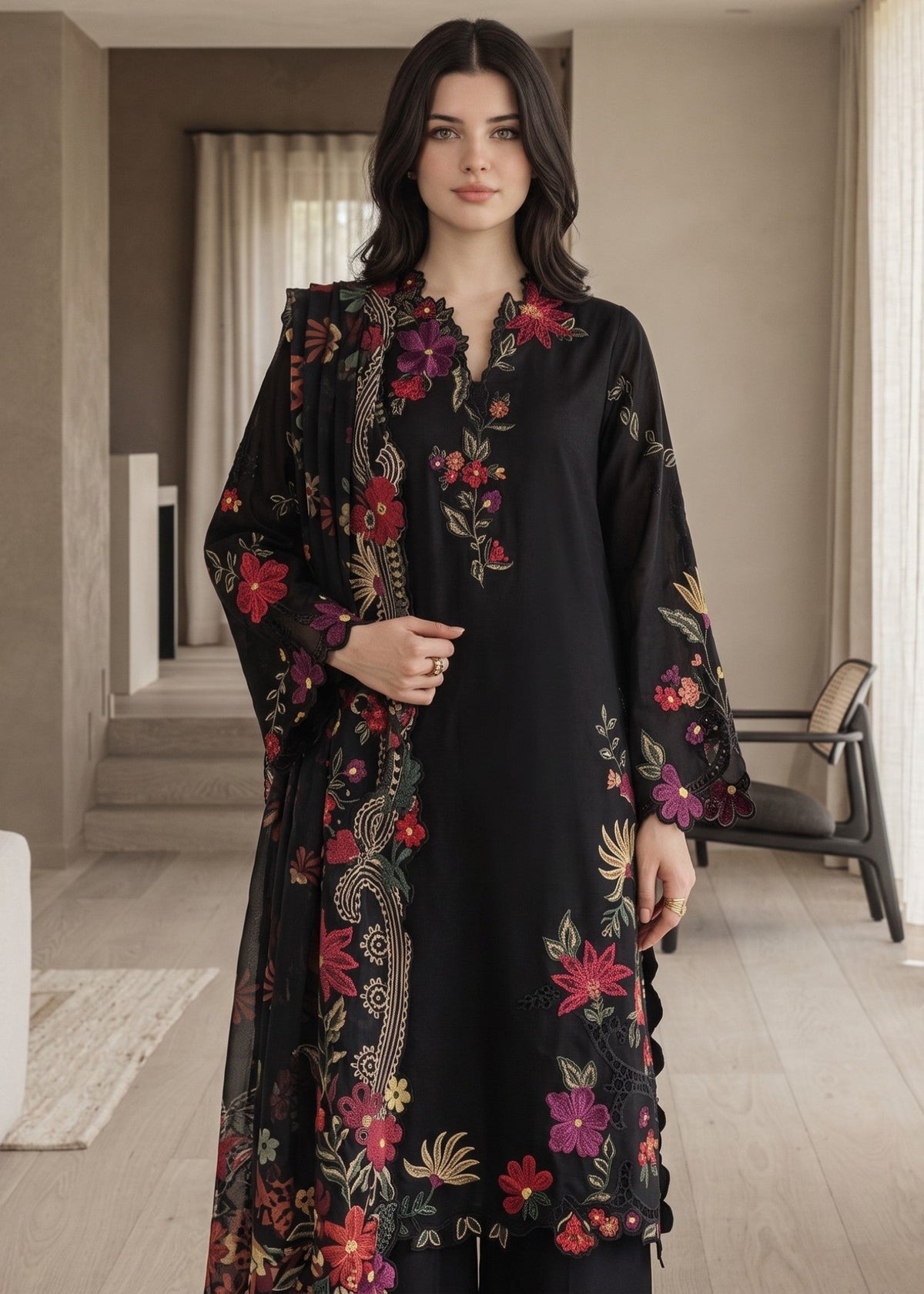 Jet Black Embroidered Lawn Cotton Latest Pakistani Suits Online in KSA Riyadh Saudi Arabia Oman Bahrain Qatar