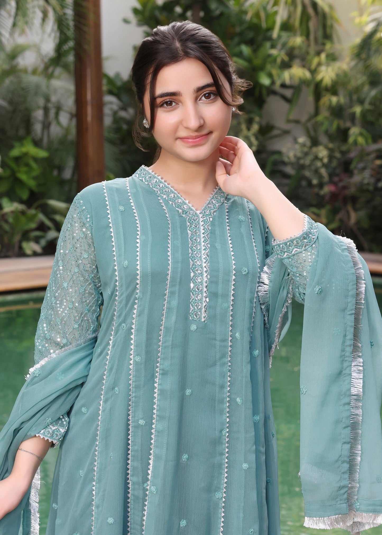 Kids Embroidered Sea Green Chiffon Straight Trouser Suit Online in Sri Lanka India Australia