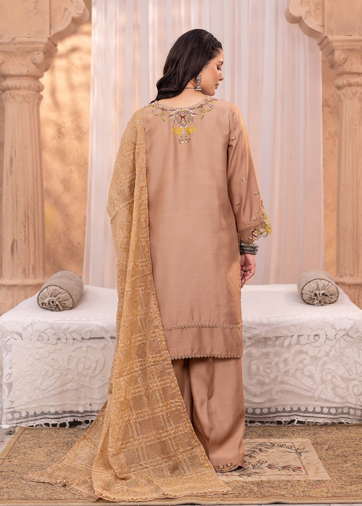 Ladies Beige Embroidered Viscose Shalwar Kameez Online in UK USA Canada