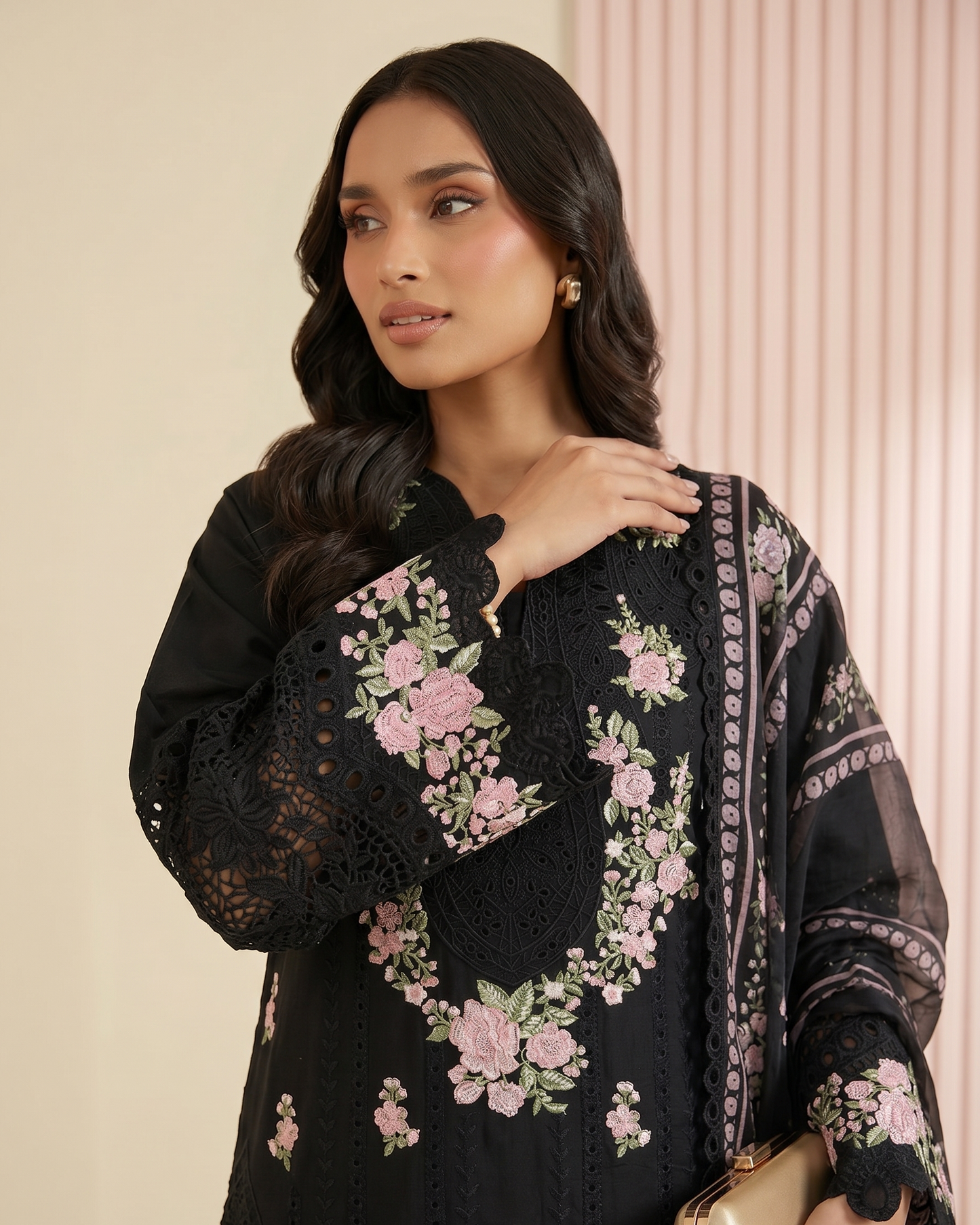 Ladies Black Cotton Shalwar Kameez with Silk Dupatta Online in KSA Riyadh Saudi Arabia Oman Bahrain Qatar