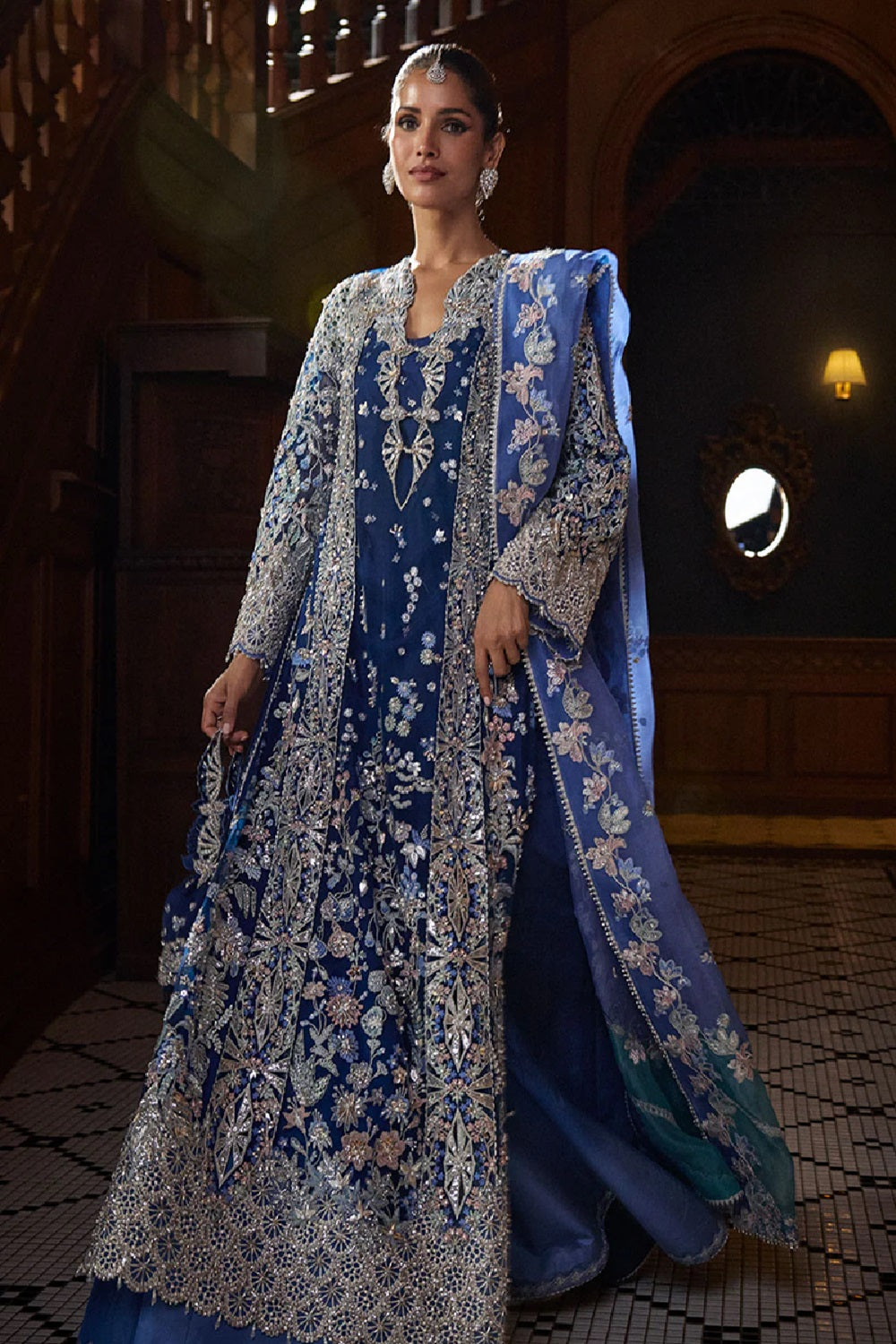 Ladies Blue Embroidered Net Wedding Suit Online in UK USA Canada