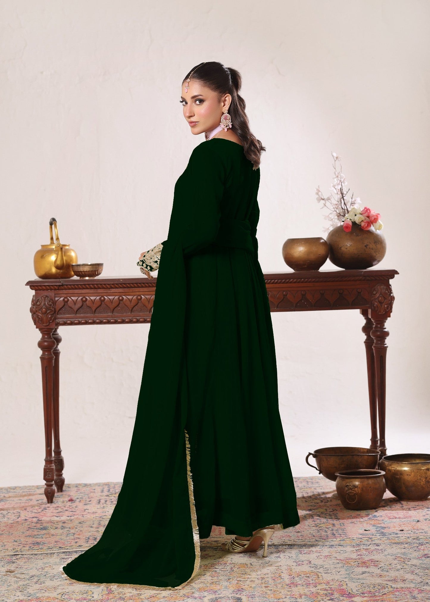 Ladies Dark Green Chiffon Embroidered Festive Wear Online in UK USA Canada
