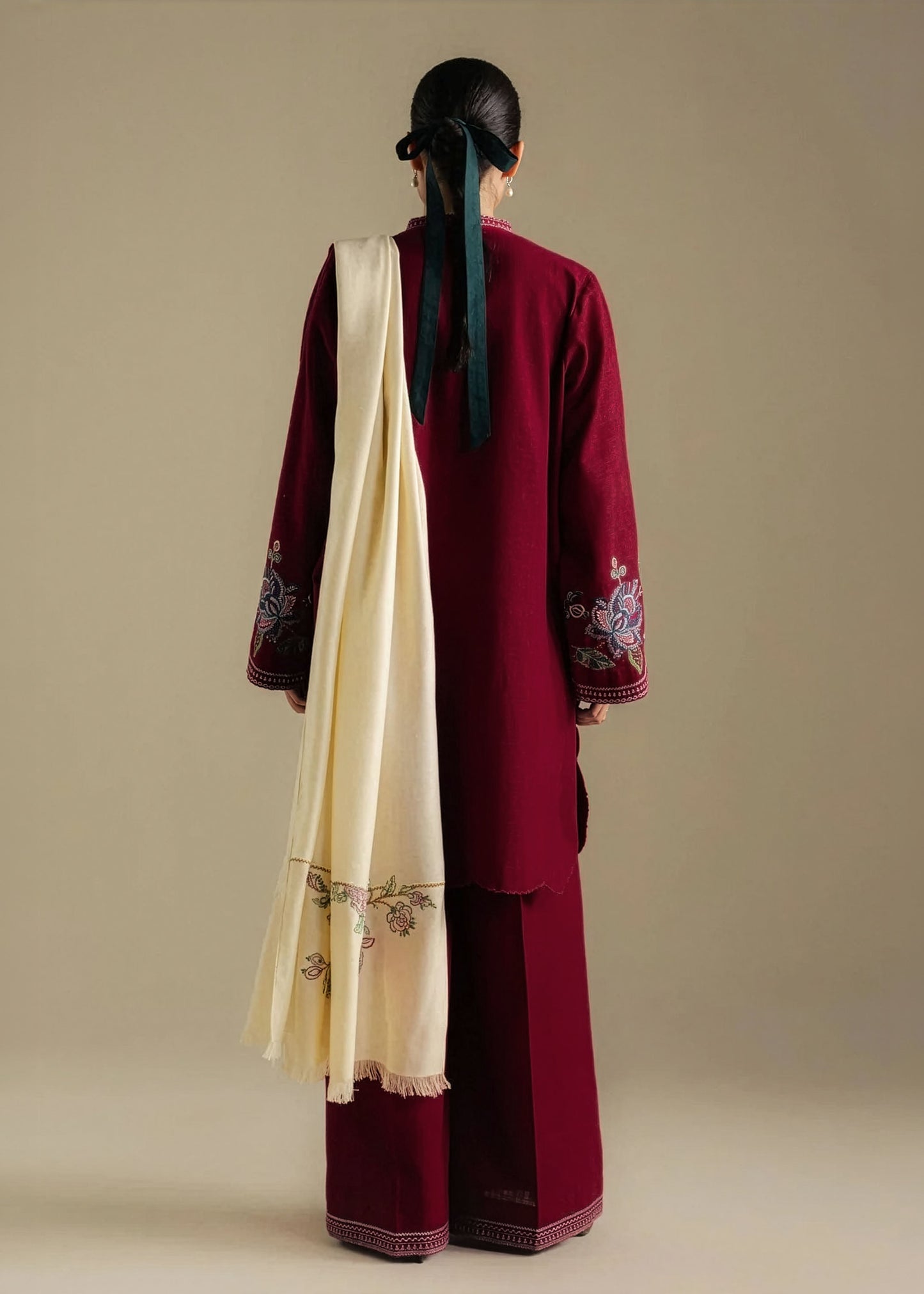 Ladies Embroidered Claret Dhanak Kurta Set Online in Dubai UAE Abudhabi Ajman Sharjah