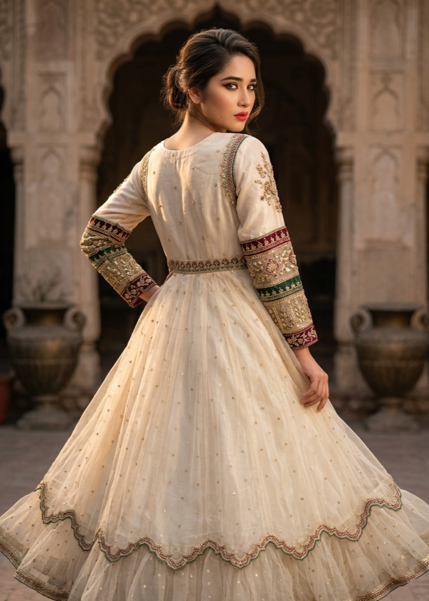 Ladies Embroidered Net Off-White Partywear Suit Online in UK USA Canada