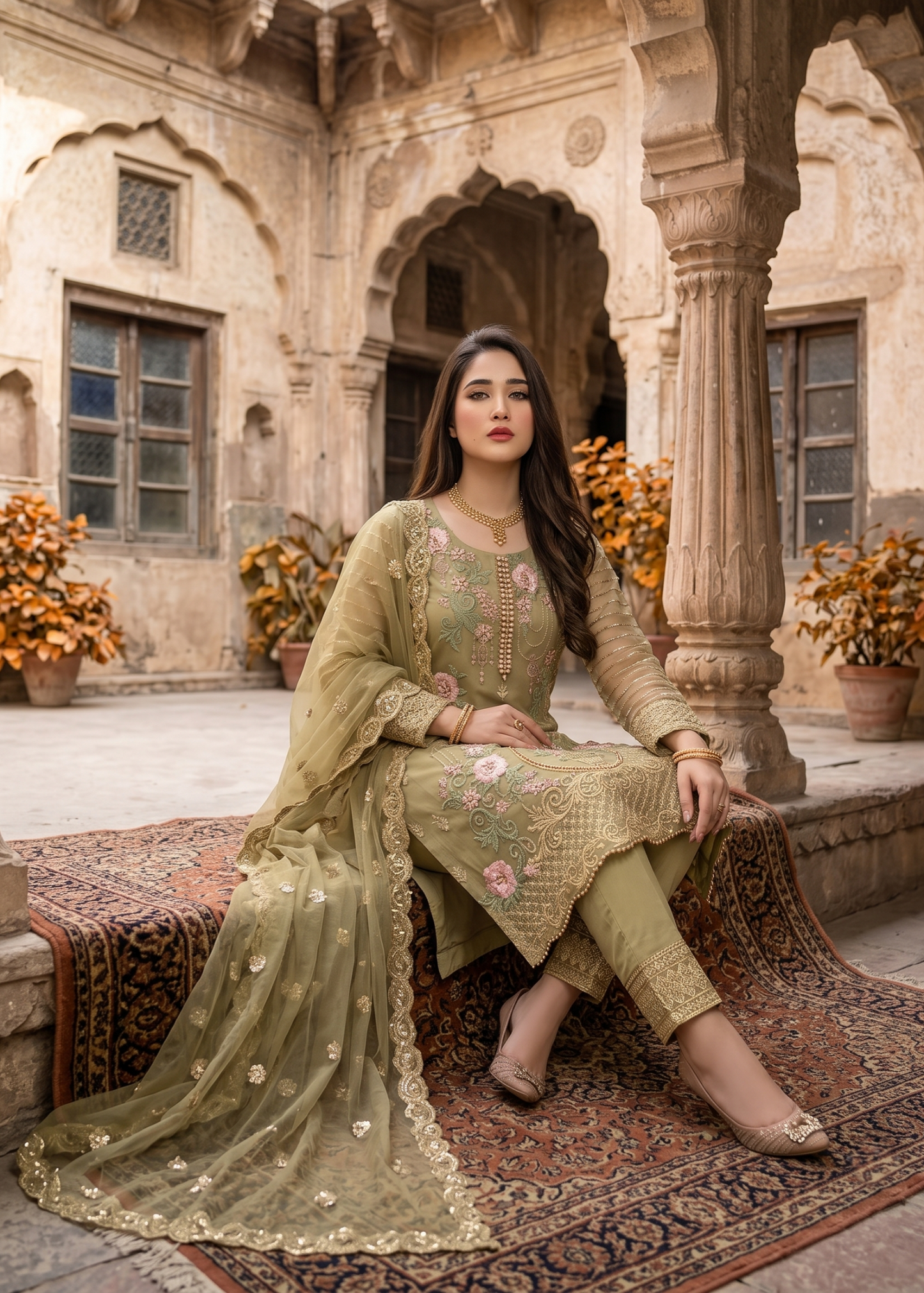Ladies Embroidered Olive Green Organza Suit Online in UK USA Canada
