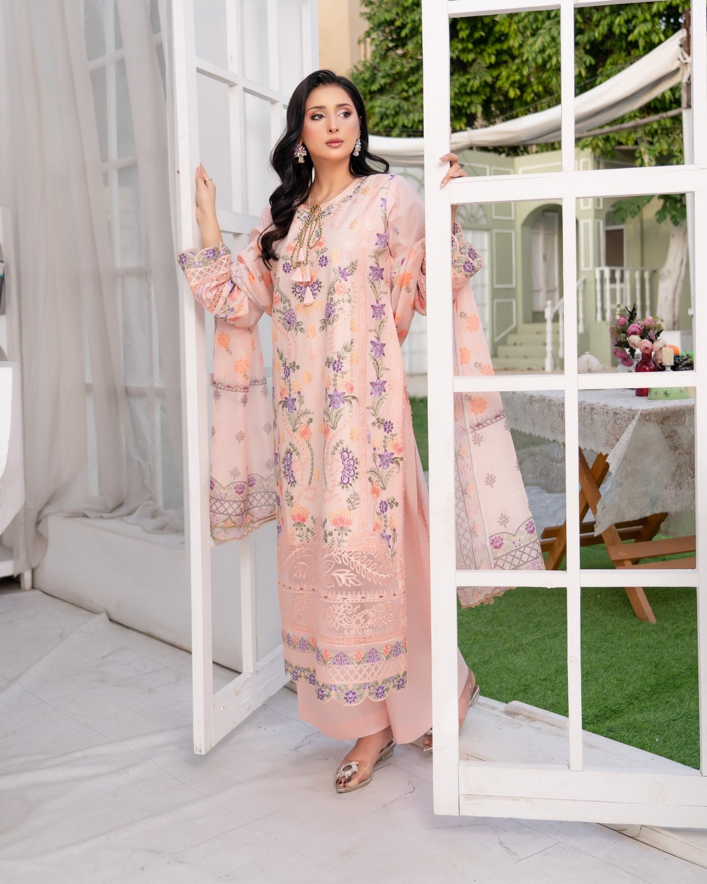 Ladies Embroidered Peach Cotton Salwar Kameez Online in UK USA Canada