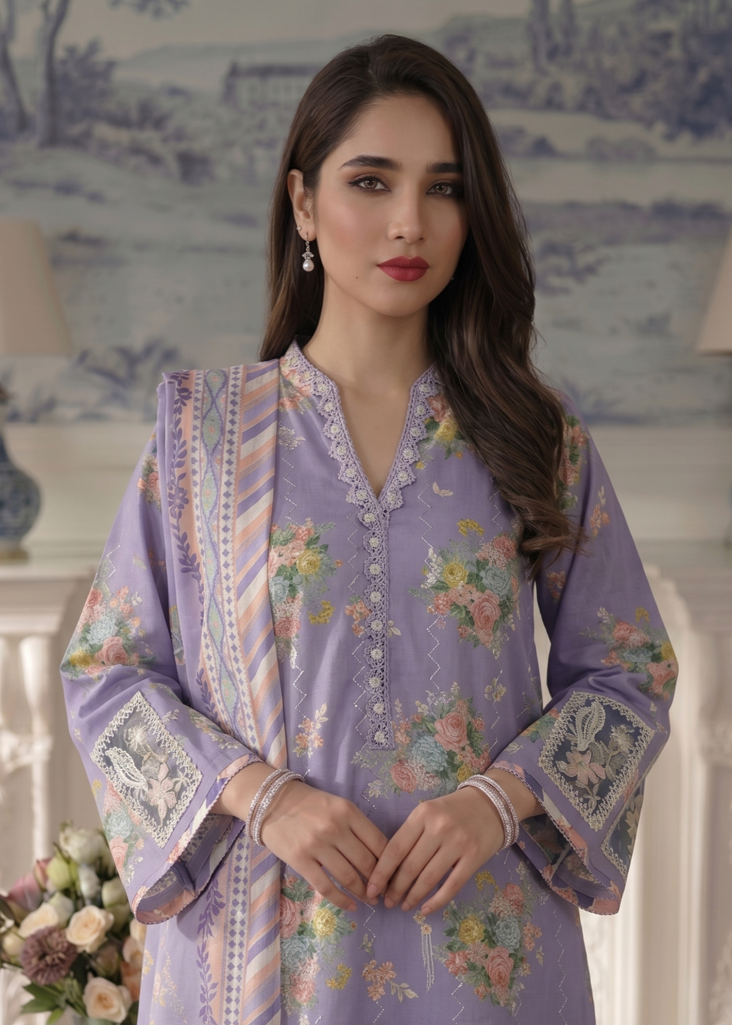 Ladies Festive Wear Lavender Grey Lawn Suit Online in UK USA Canada