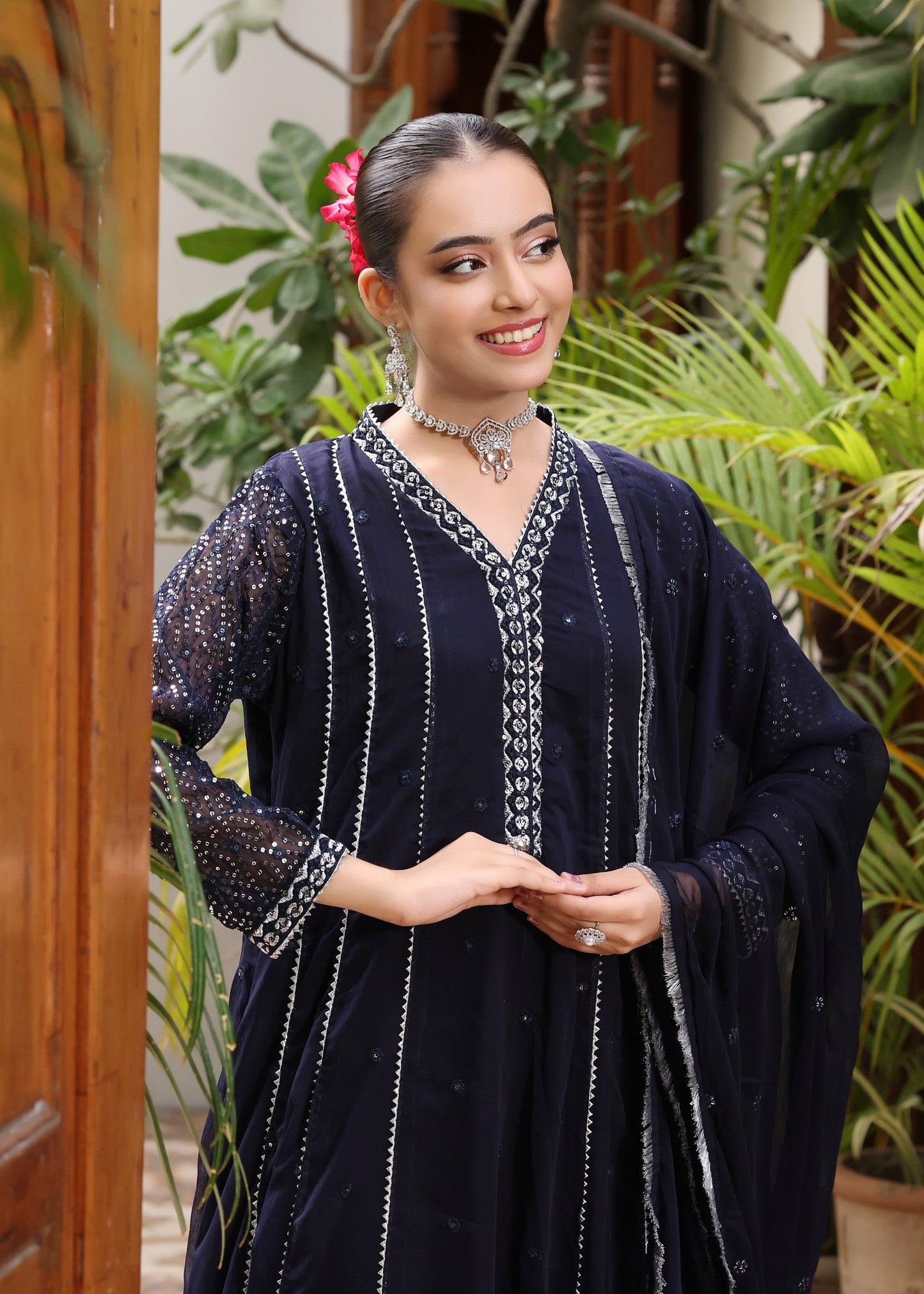 Ladies Navy Blue Chiffon Flared Suit Online in UK USA Canada