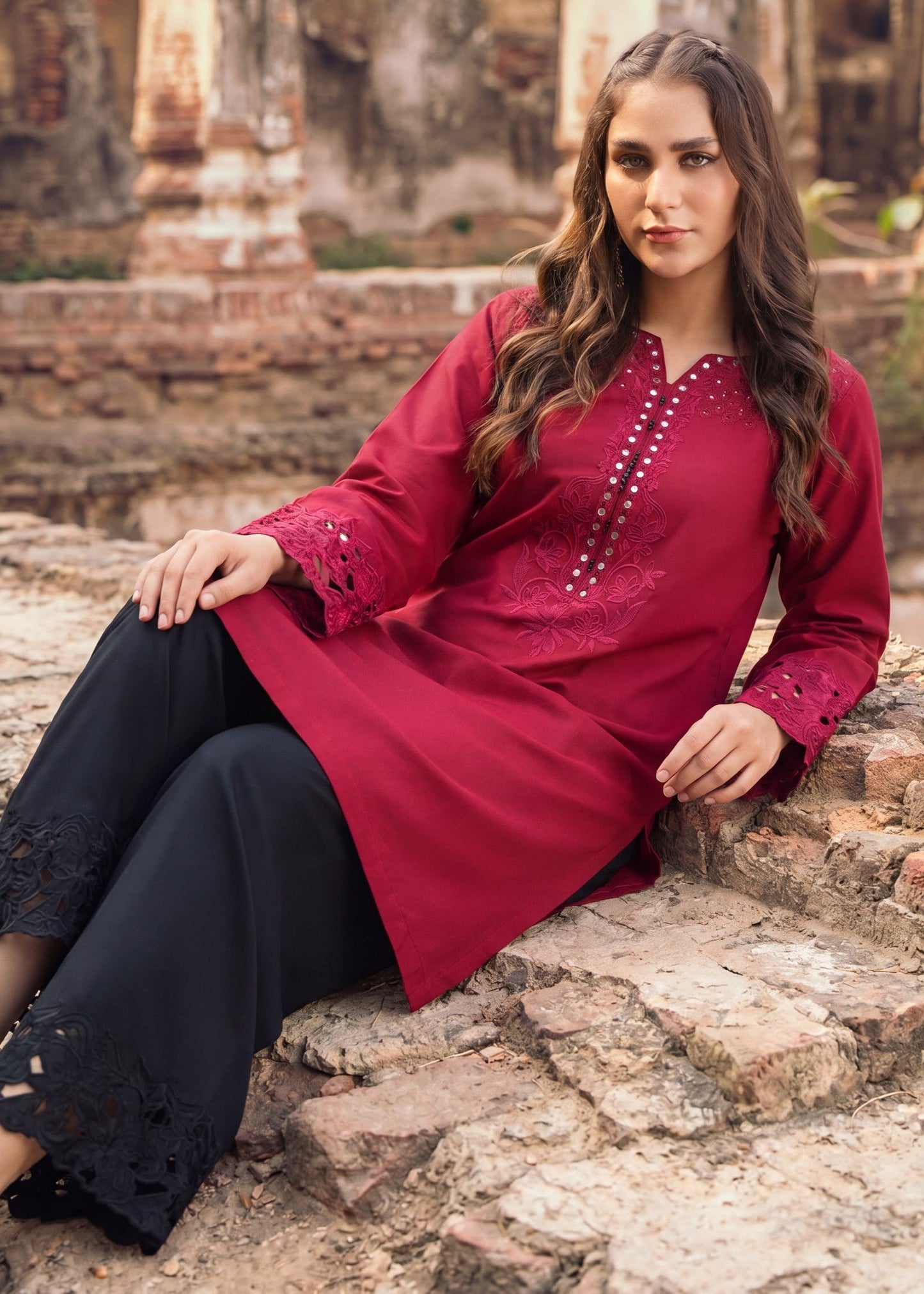 Ladies Red Embroidered Lawn Suit Online in UK USA Canada
