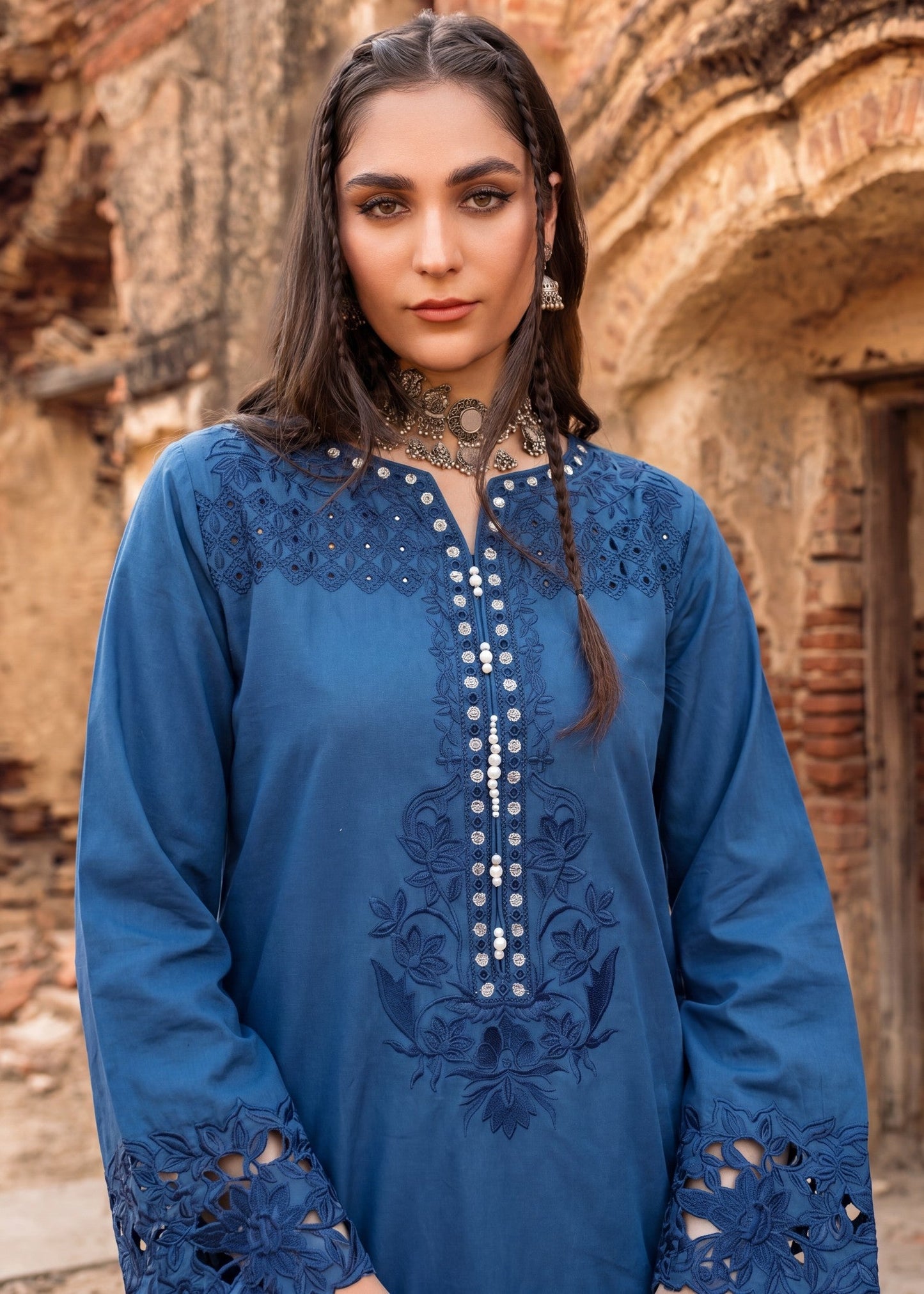 Ladies Steel Blue Embroidered Lawn Suit Online in UK USA Canada