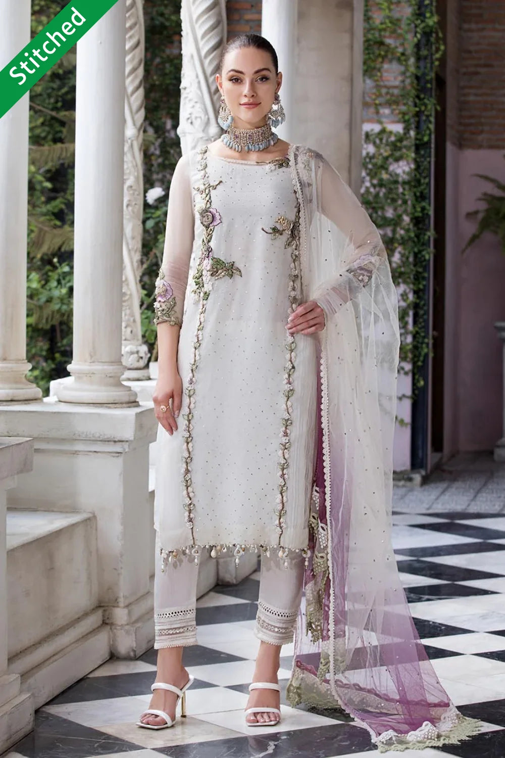 Hand Embroidered White Pure Organza Suit