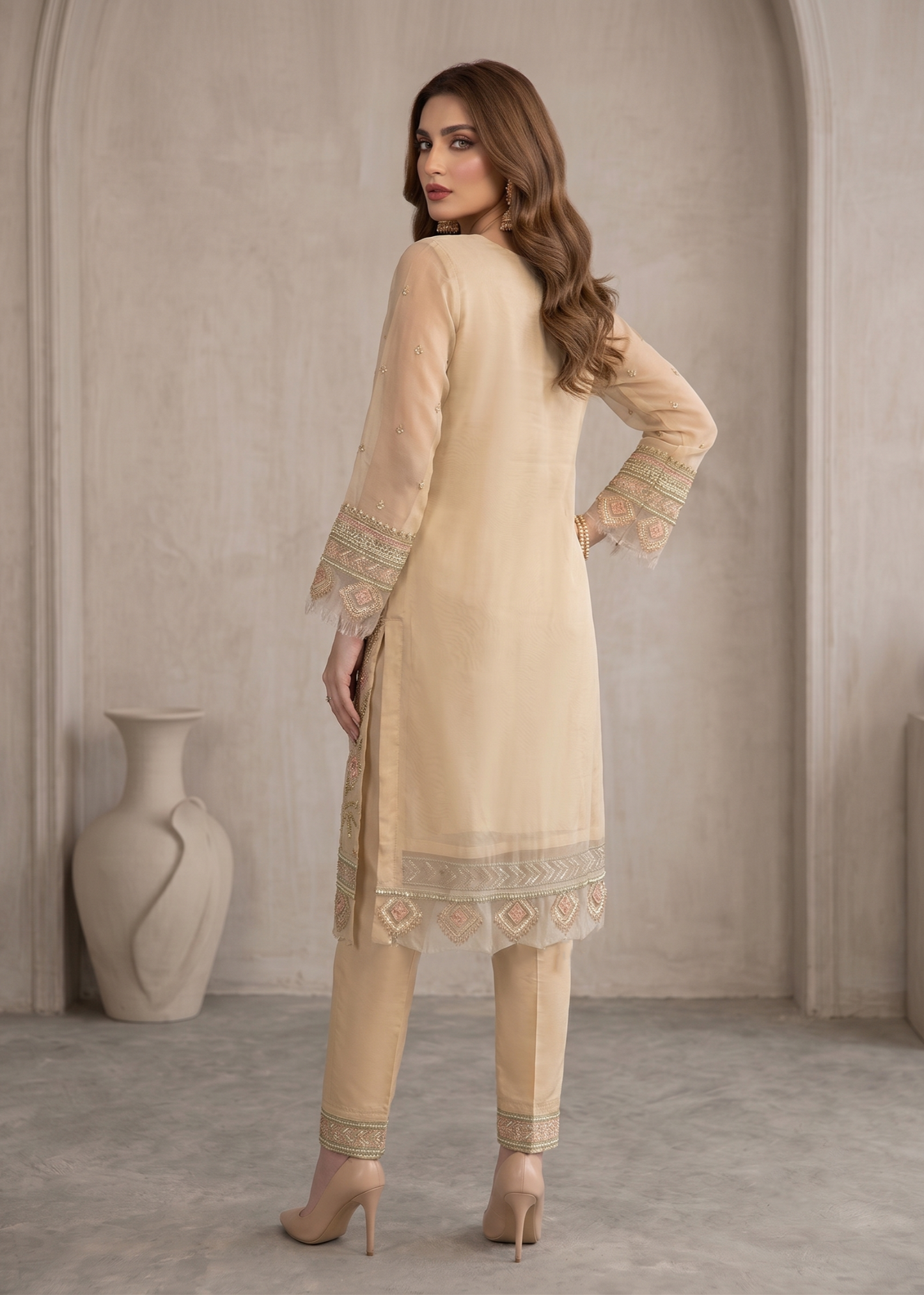 Lemon Chiffon Organza Embroidered Ladies Suit Online in UK USA Canada