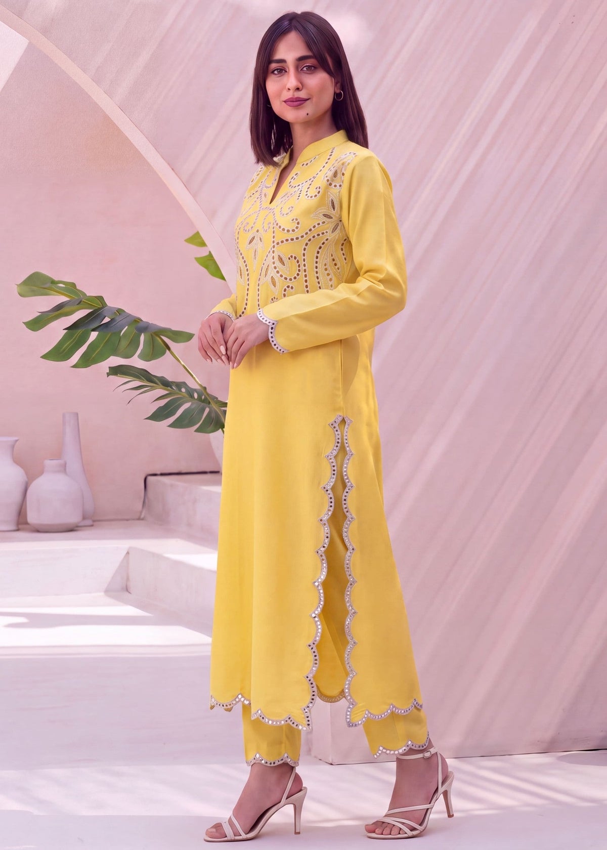 Lemon Embroidered Dhanak Pakistani Clothes Online in KSA Riyadh Saudi Arabia Oman Bahrain Qatar