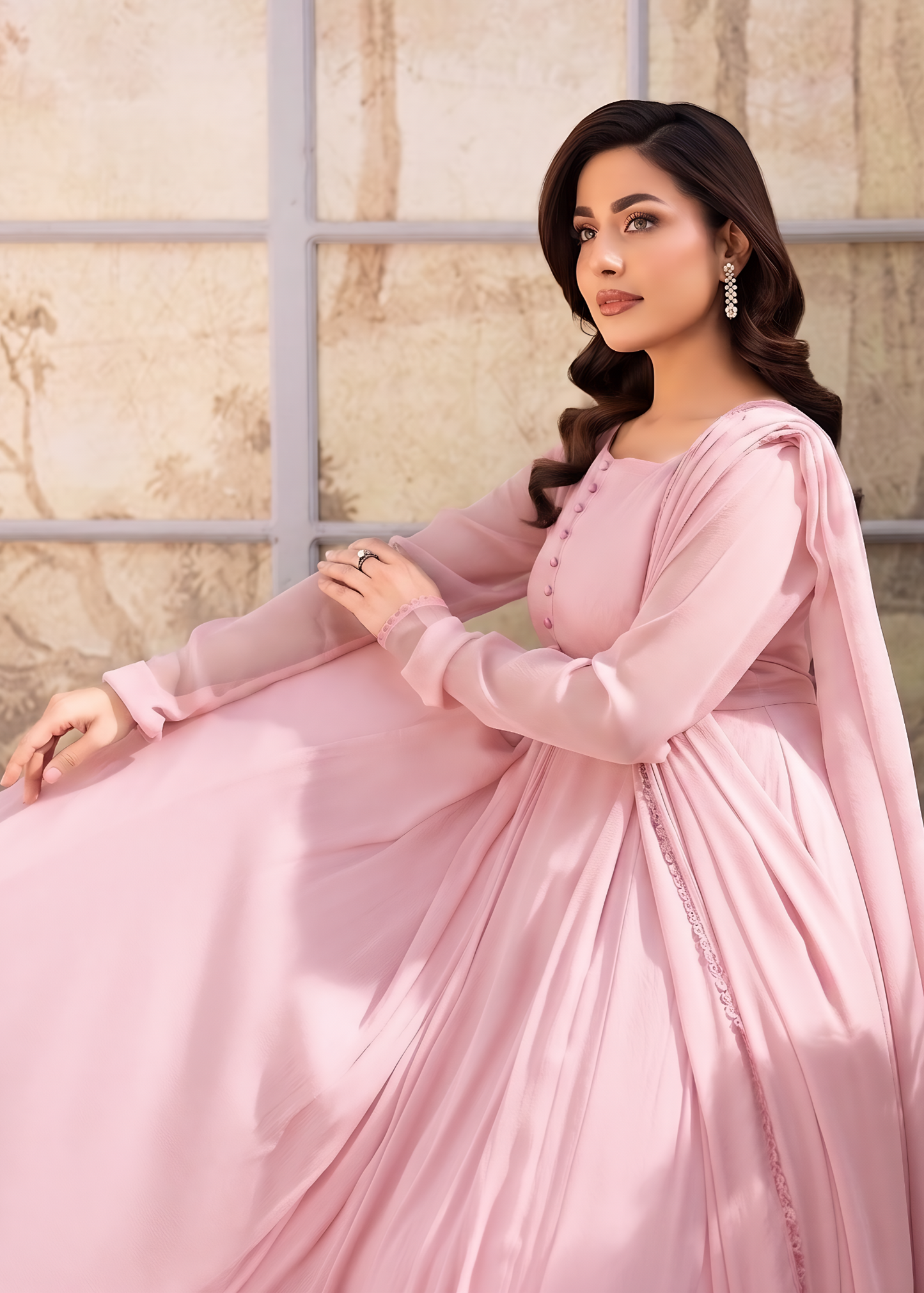Light Pink Chiffon Party Wear Kurta Pajama Online in KSA Riyadh Saudi Arabia Oman Bahrain Qatar
