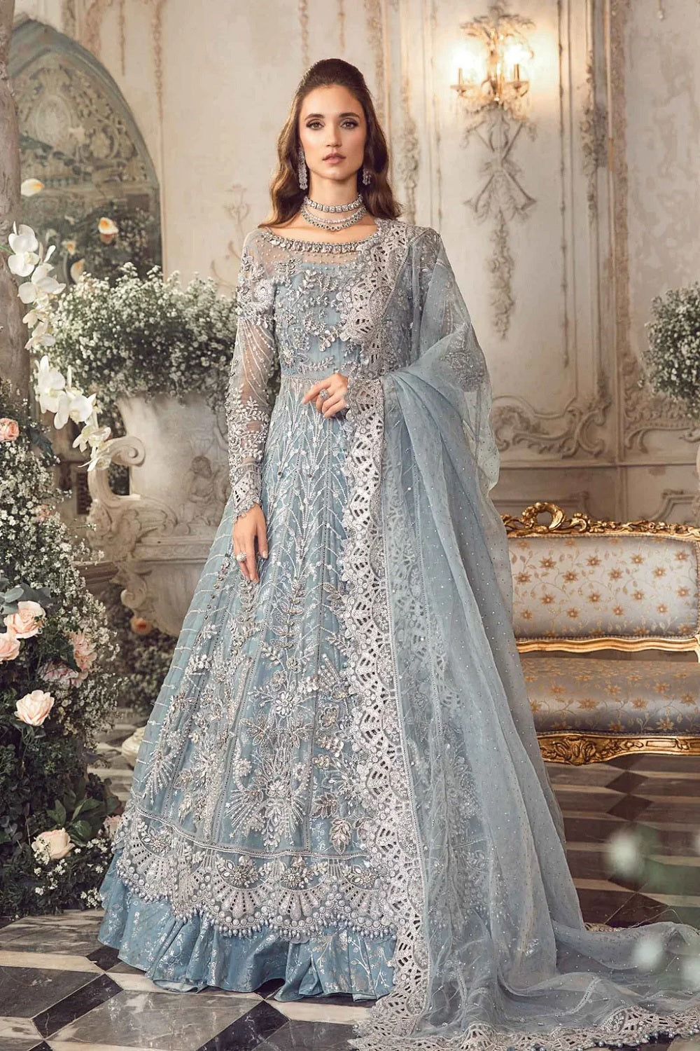 Ice Blue Pakistani Designer Lehenga Online in Dubai | SALWAR MAHAL Ice Blue Pakistani Designer Lehenga Online in Dubai | SALWAR MAHAL