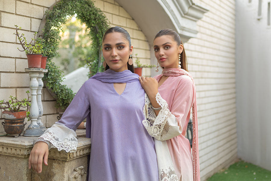 Soft Pink Readymade Crochet Kurta Set with Dupatta Size 40