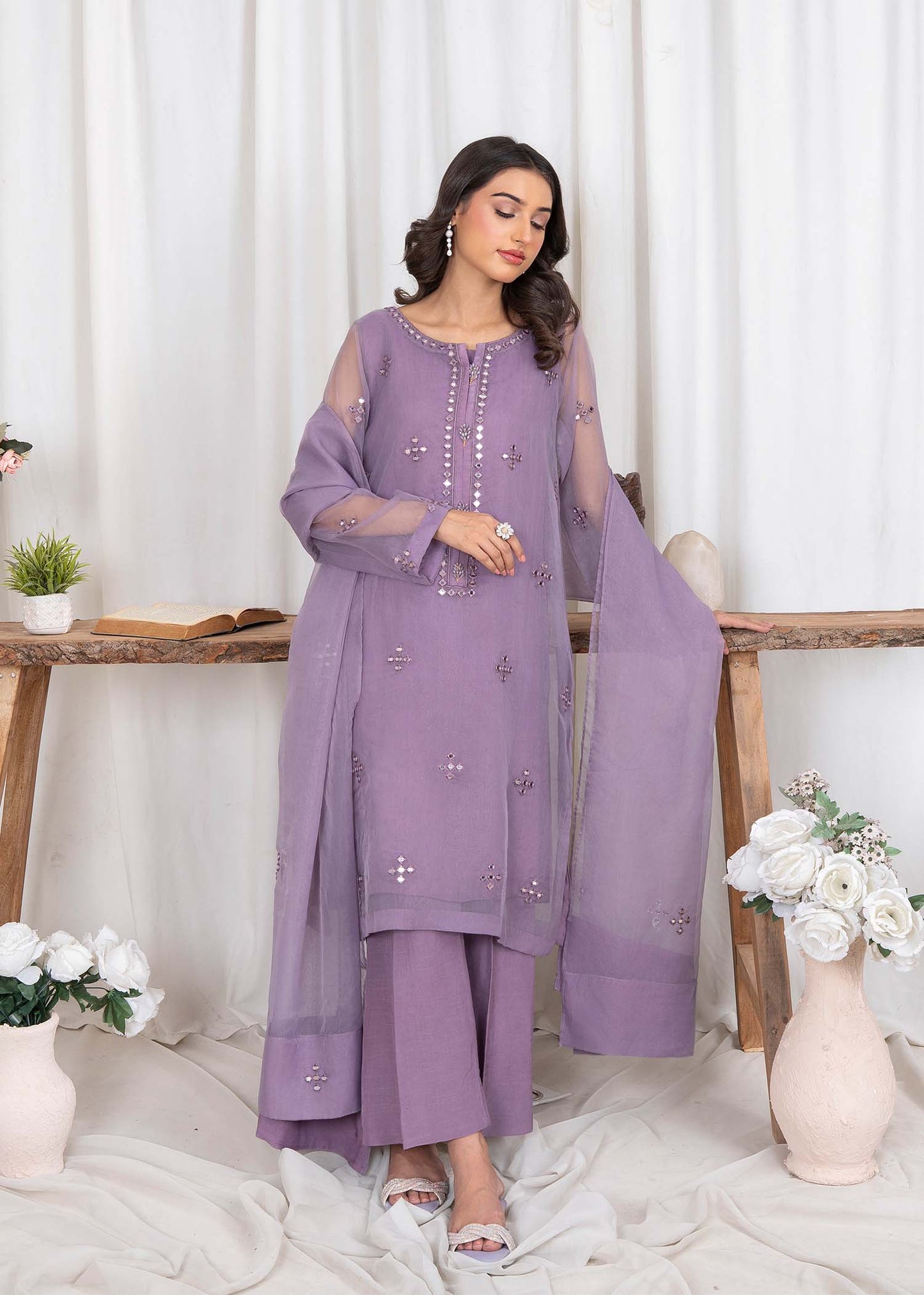 Lilac Raw Silk Trouser Organza Dupatta Suit Online in Dubai DXB UAE Abudhabi Meena Bazaar