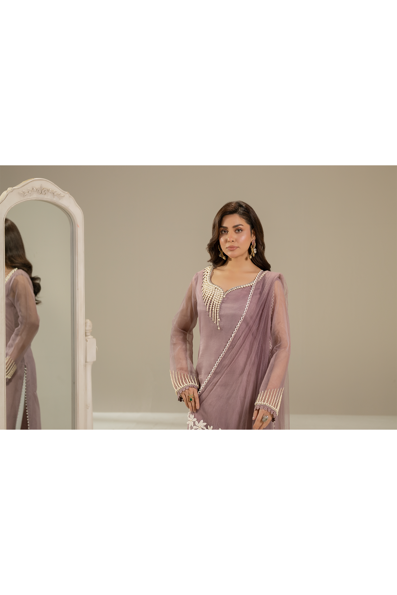 Lilac Pure Organza Suit with Pearl Work