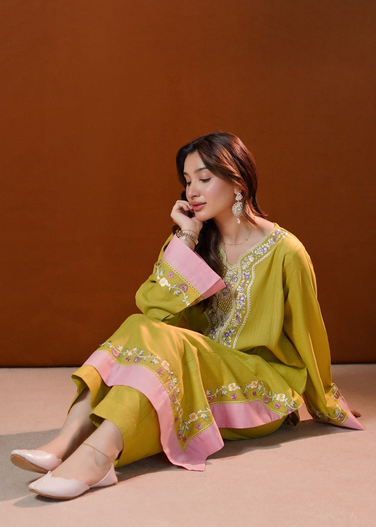 Lime Green Floral Embroidered Slub Khaddar Kurta Set Online in Dubai DXB UAE Abudhabi Meena Bazaar