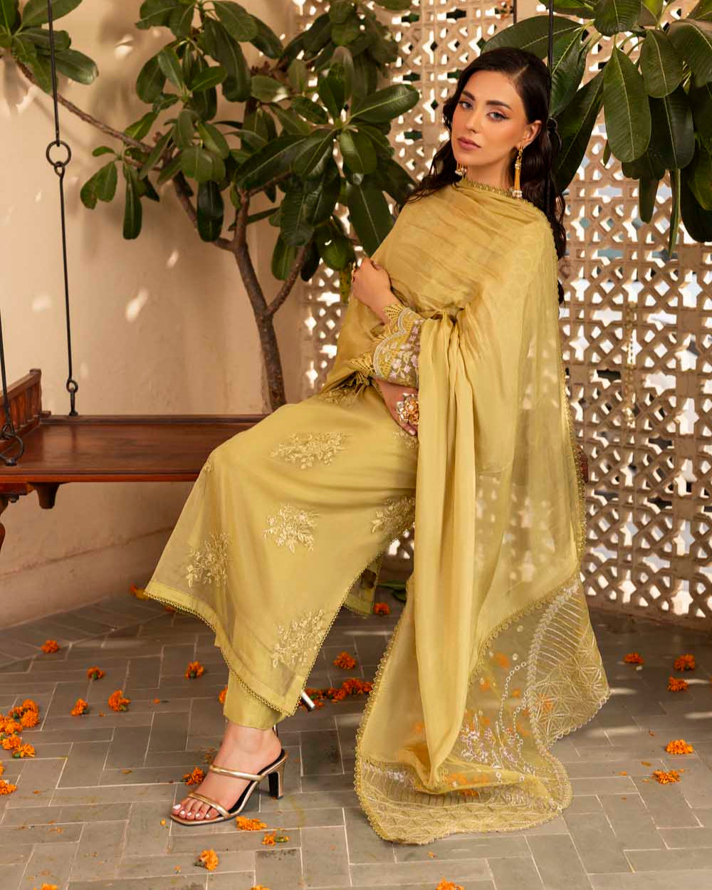 Lime Green Pakistani Suit with Embroidered Dupatta Online in Dubai DXB UAE Abudhabi Meena Bazaar