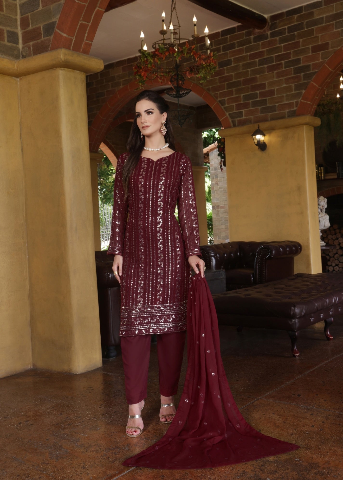 Maroon Chiffon Party Wear Kurta Set Online in UK USA Canada