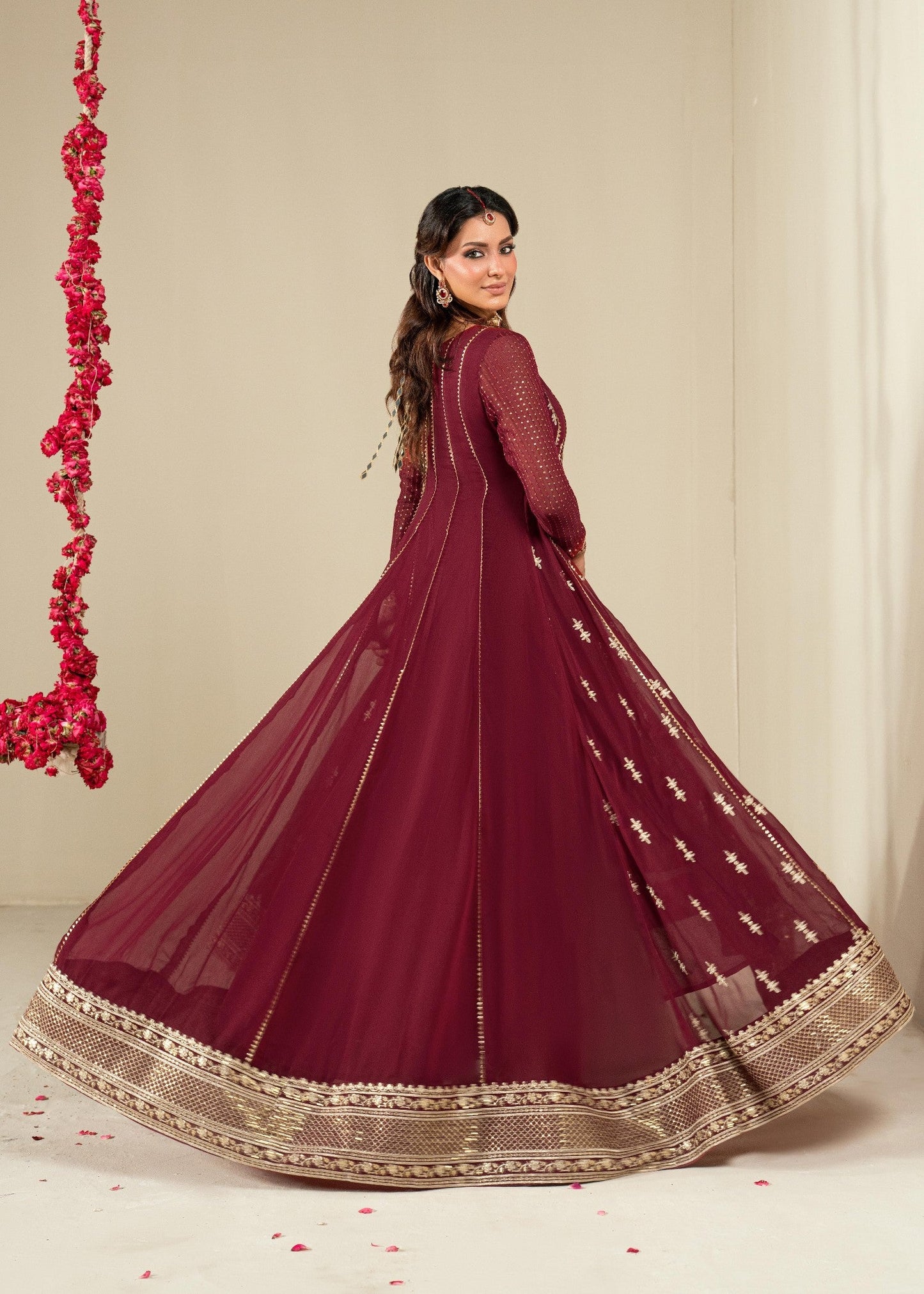 Maroon Designer Chiffon Suit Online in KSA Riyadh Saudi Arabia Oman Bahrain Qatar