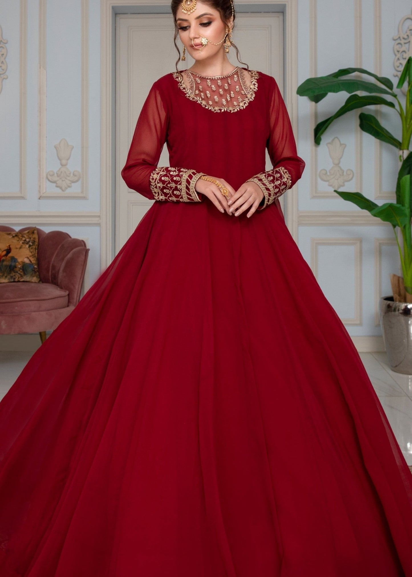 Maroon Embroidered Chiffon Festive Pishwas Outfit Online in Sri Lanka India Australia