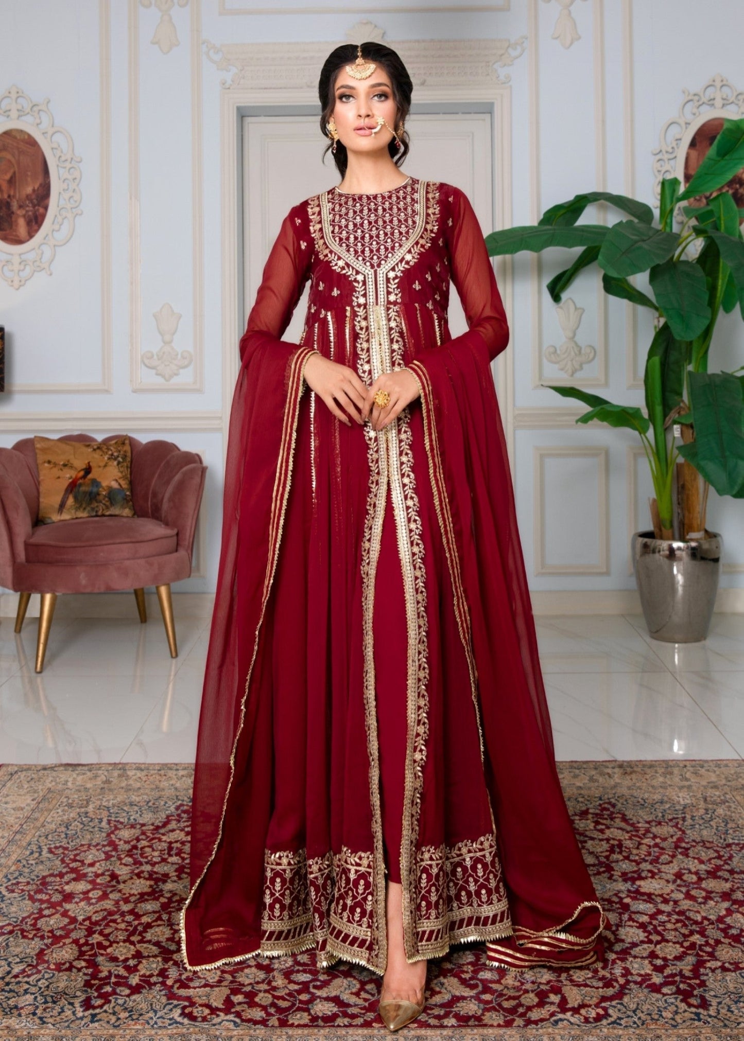 Maroon Embroidered Chiffon Maxi Dress Online in Sri Lanka India Australia