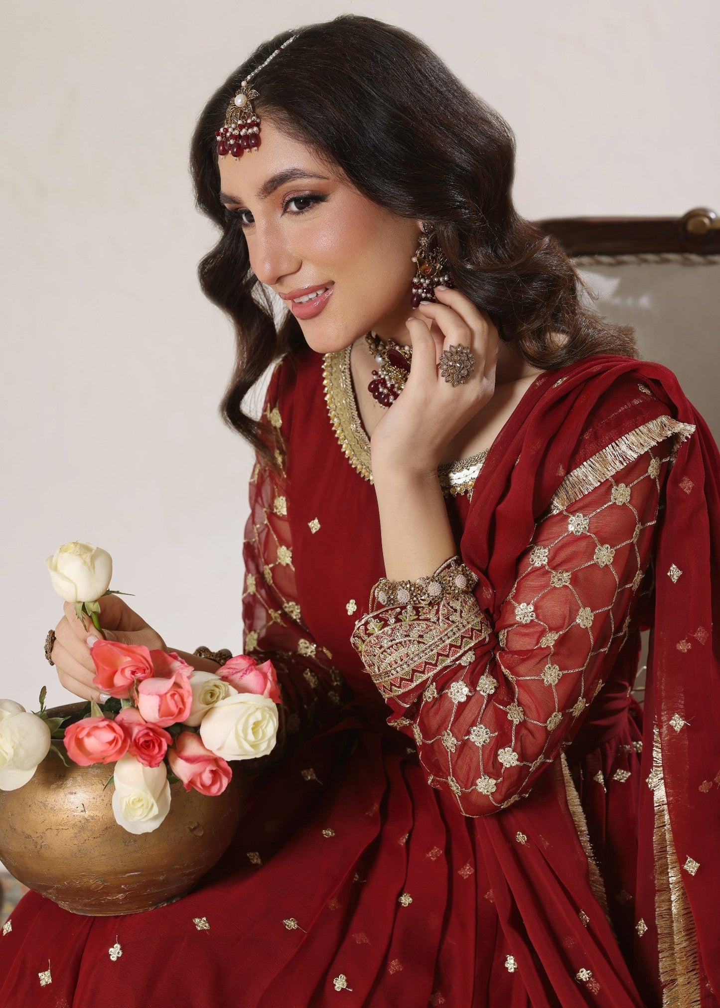 Maroon Embroidered Chiffon Partywear 3 Piece Set Online in KSA Riyadh Saudi Arabia Oman Bahrain Qatar