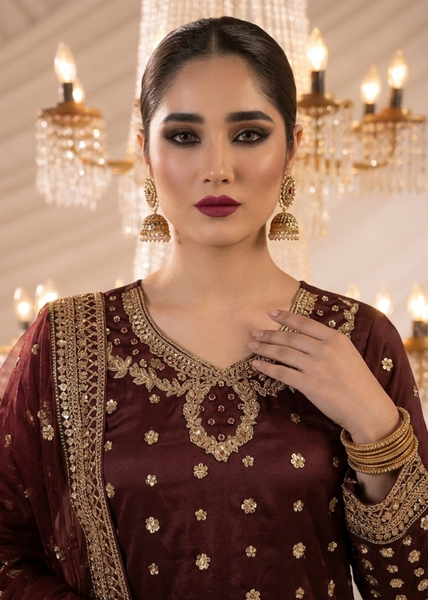 Maroon Embroidered Chiffon Suit with Organza Dupatta Online in Dubai DXB UAE Abudhabi Meena Bazaar