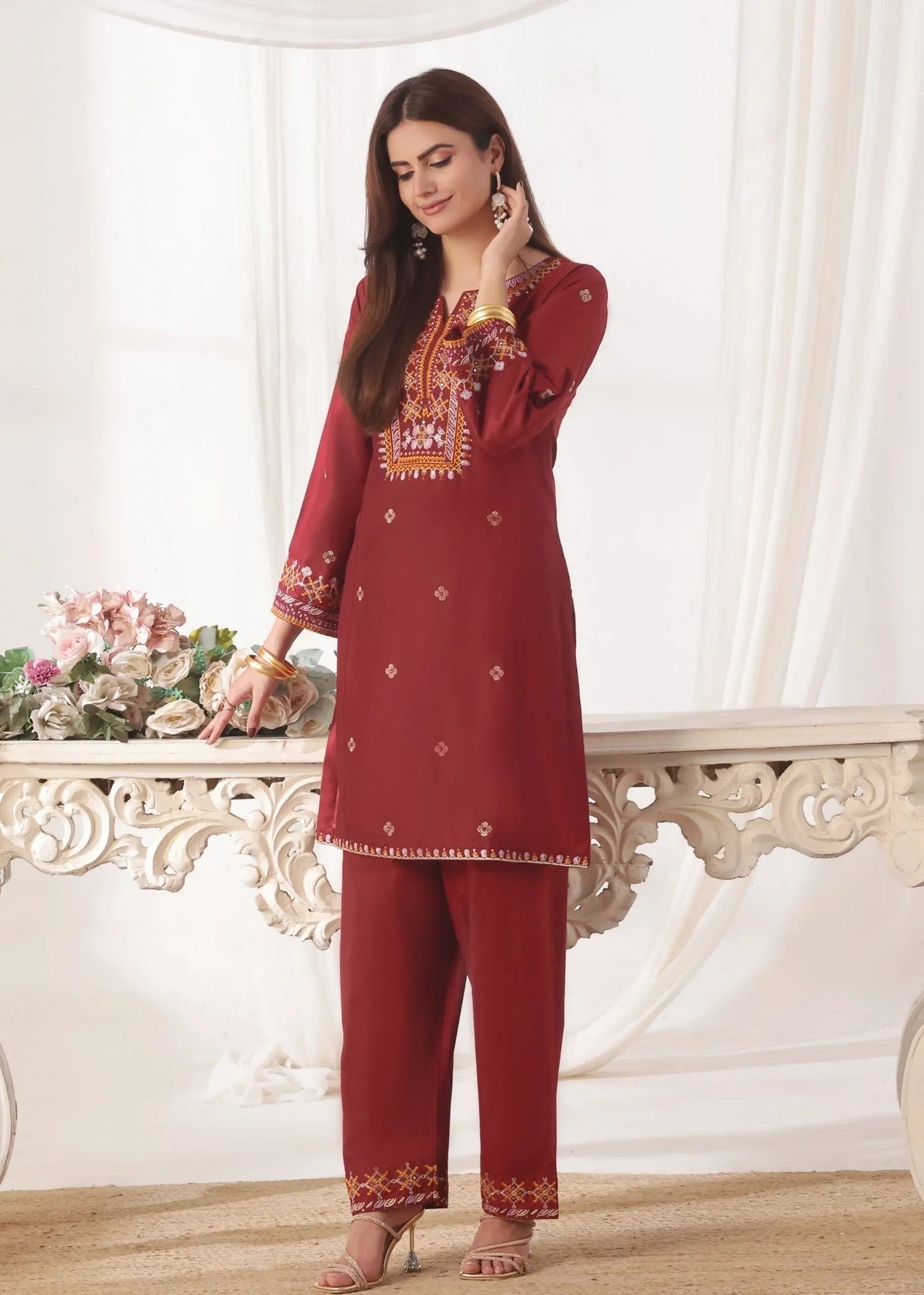 Maroon Embroidered Lawn Cotton Summer Suit Online in Dubai DXB UAE Abudhabi Meena Bazaar