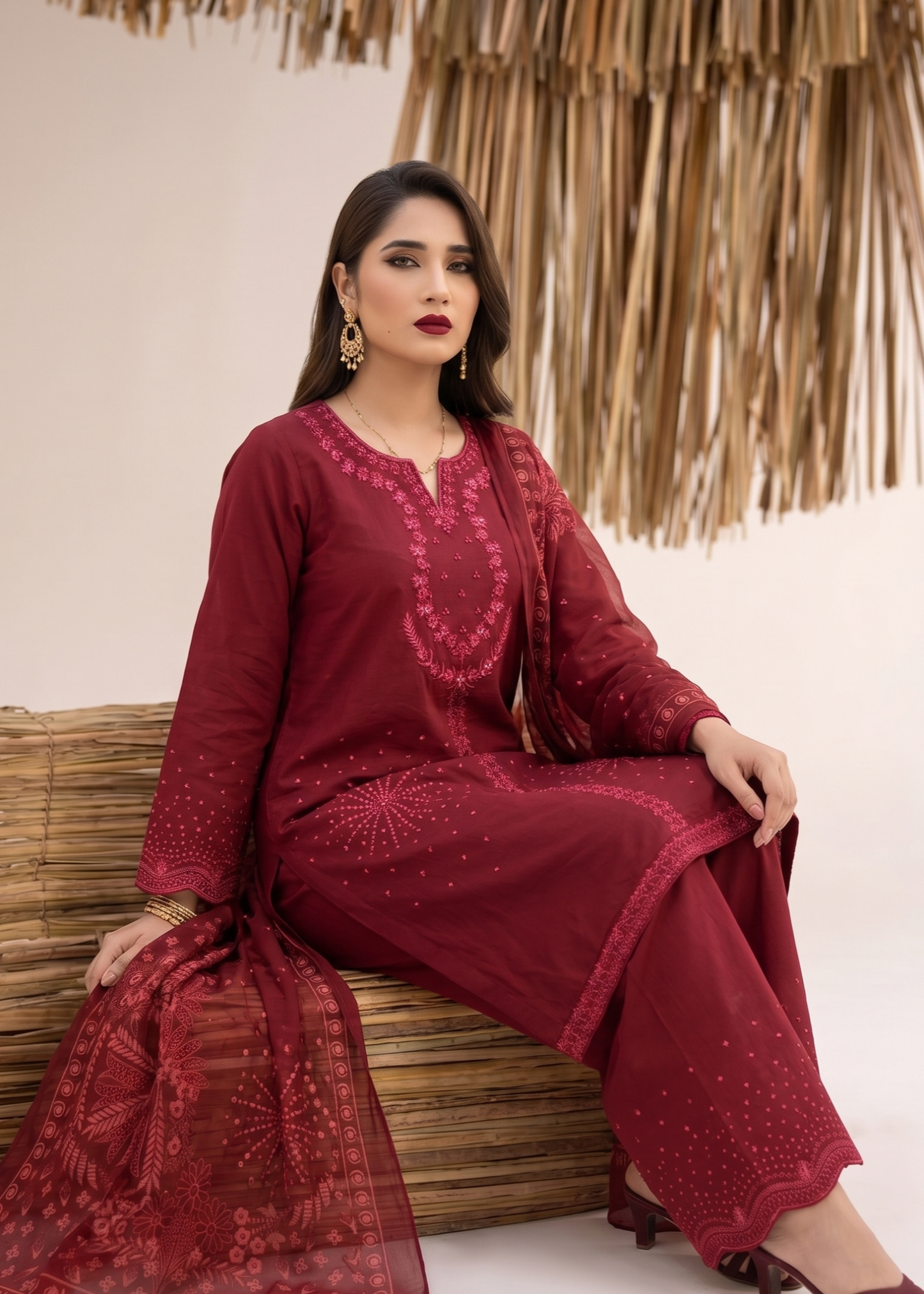 Maroon Embroidered Lawn Salwar Kameez Online in Dubai UAE Abudhabi Ajman Sharjah