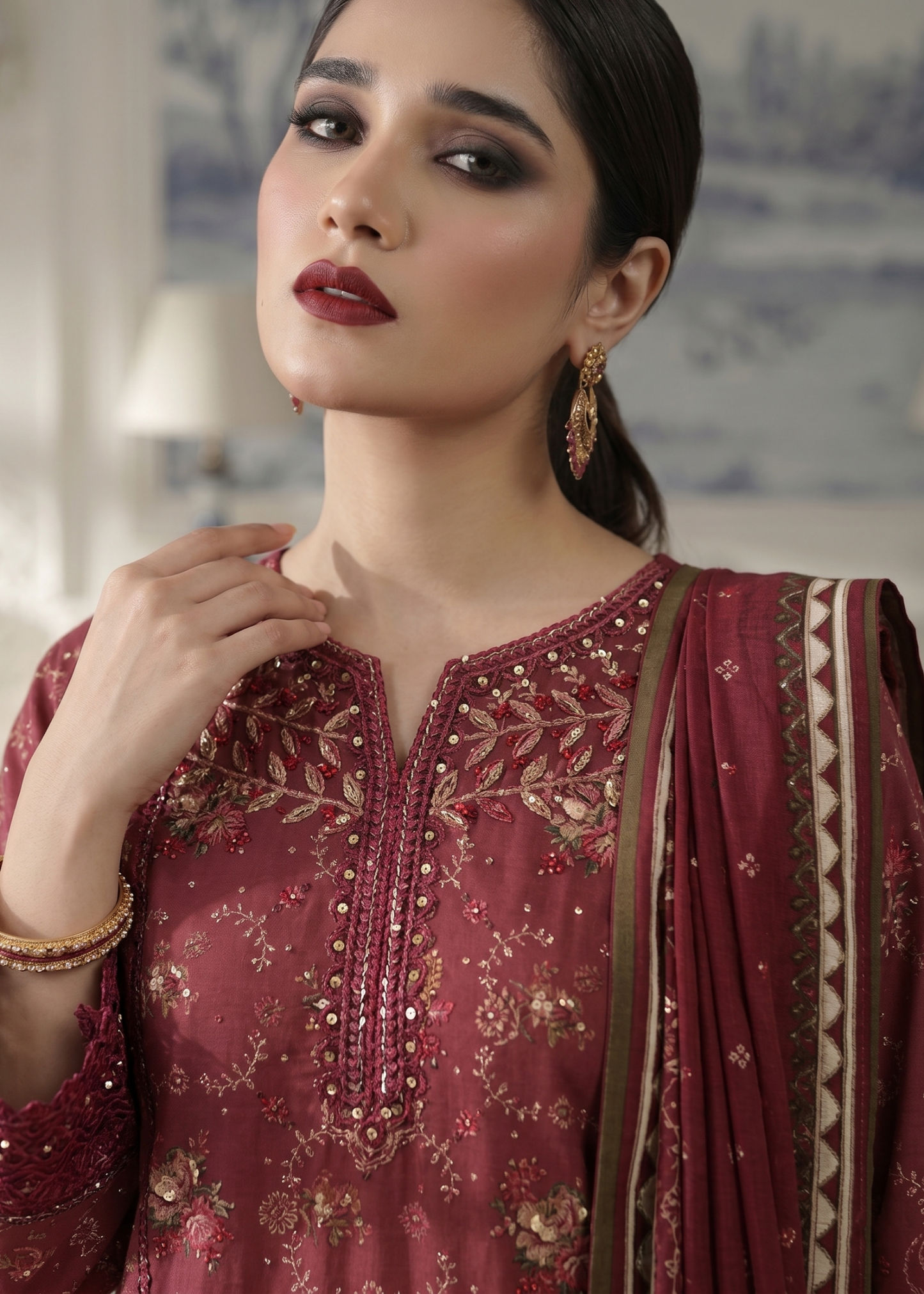 Maroon Embroidered Lawn Unstitched Suit Online in Sri Lanka India Australia