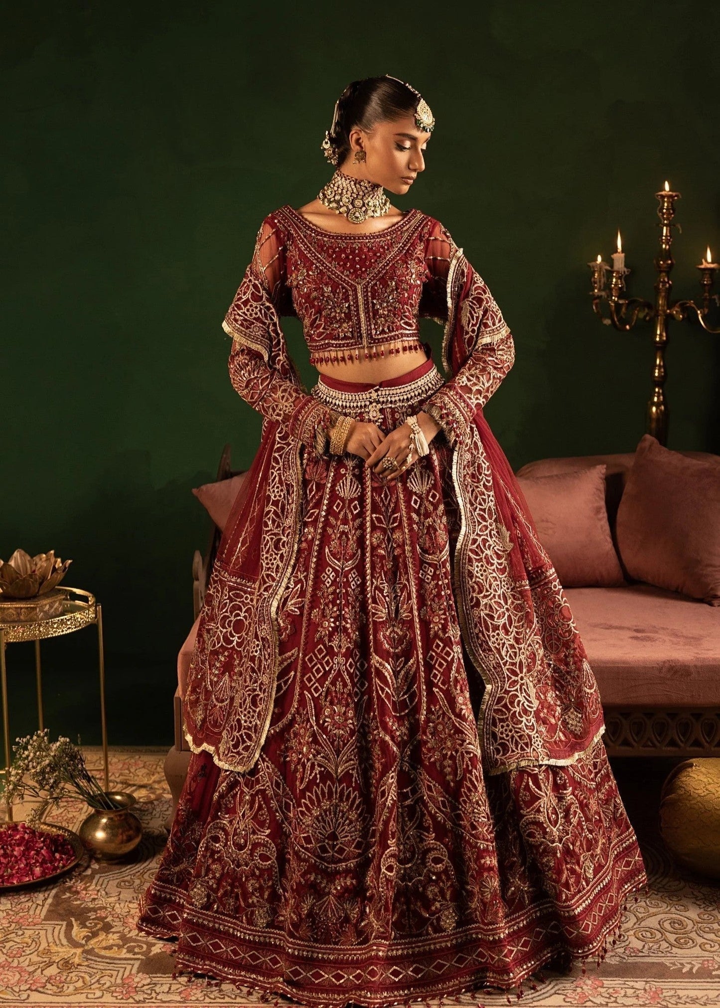 Maroon Embroidered Net Wedding Wear Lehenga Online in Dubai DXB UAE Abudhabi Meena Bazaar
