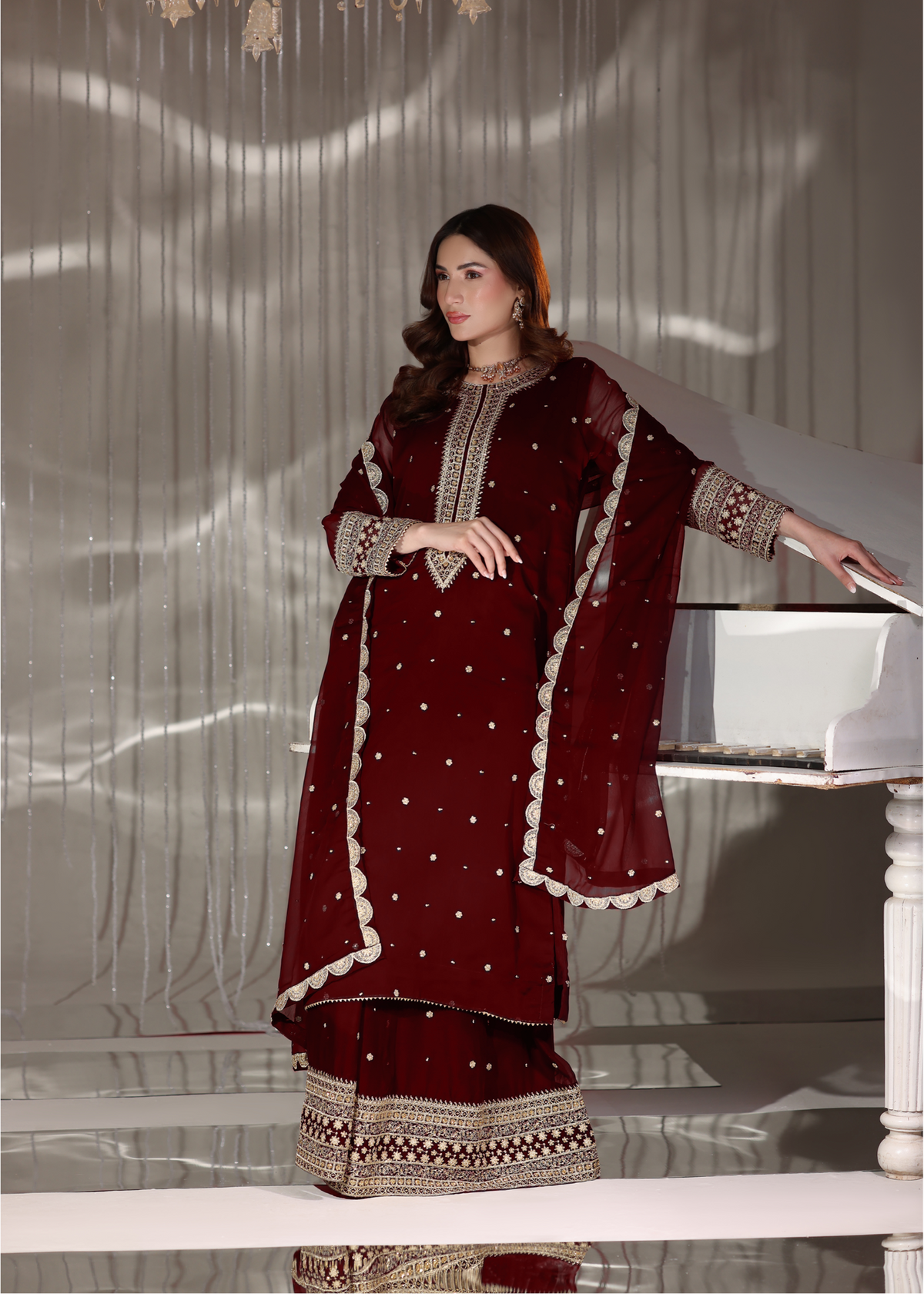 Maroon Embroidered PK Chiffon Salwar Kameez Online in KSA Riyadh Saudi Arabia Oman Bahrain Qatar