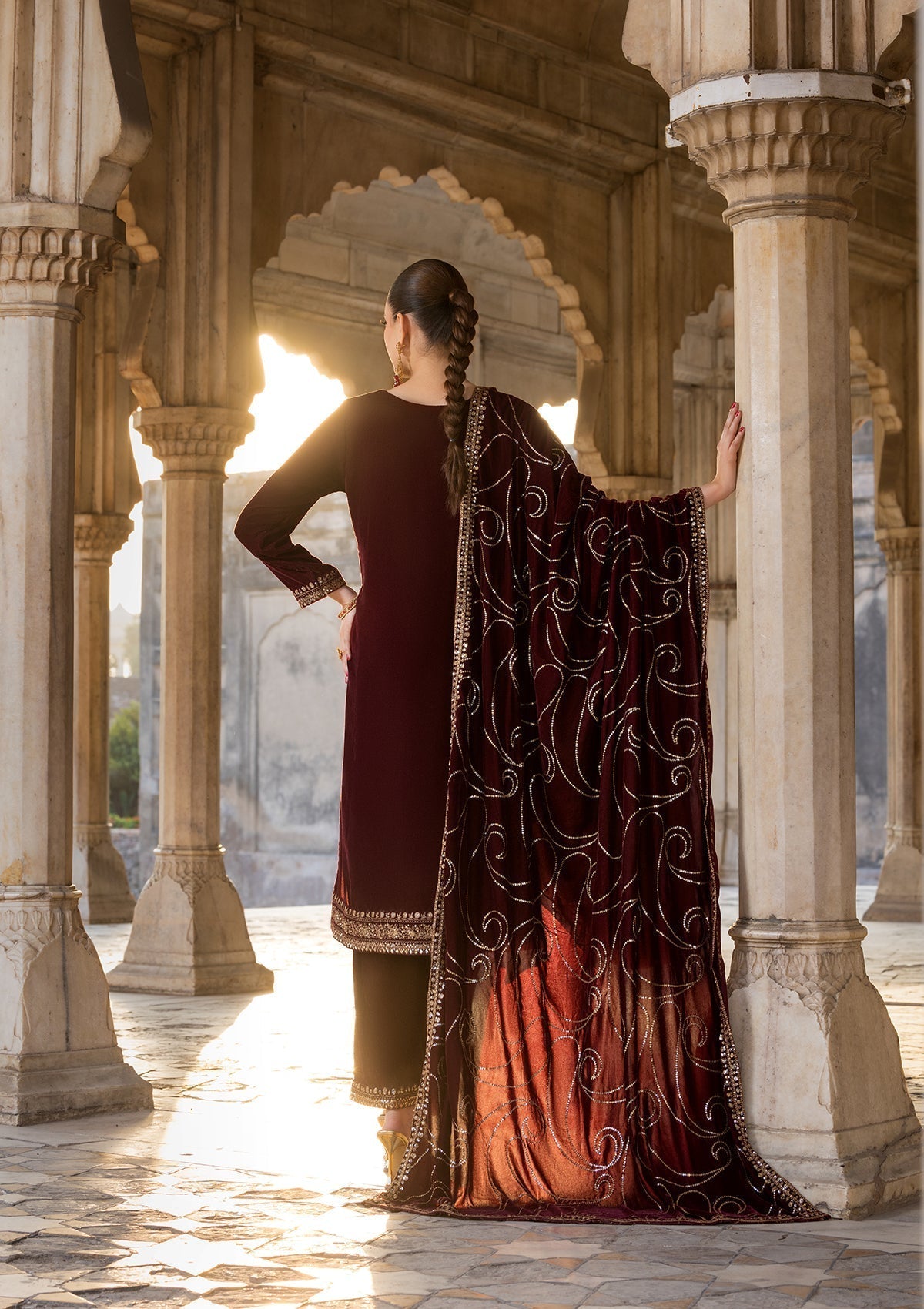 Maroon Embroidered Velvet Salwar Kameez Online in Sri Lanka India Australia