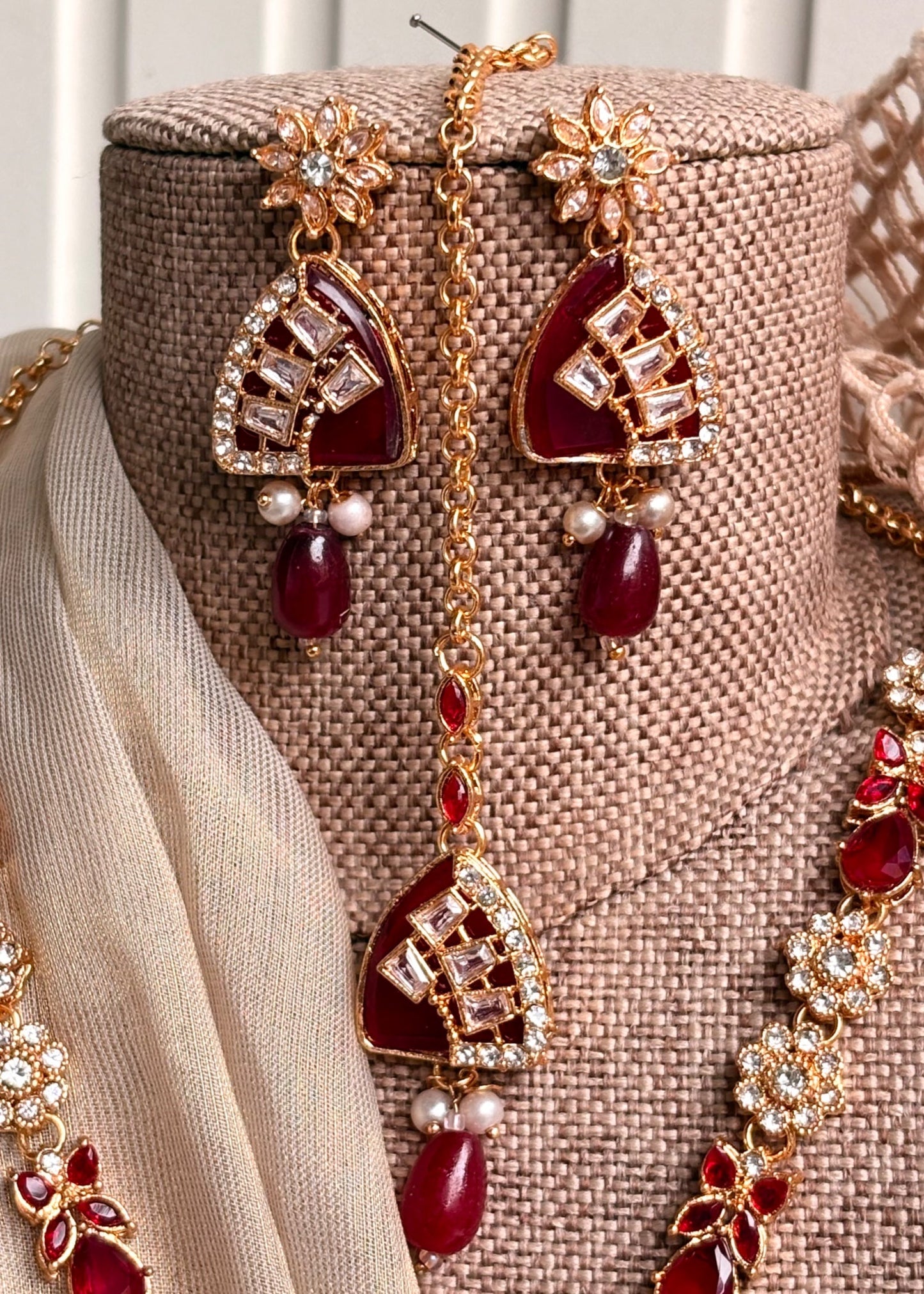 Maroon Stone Work Bridal Jewellery Set Online in UK USA Canada