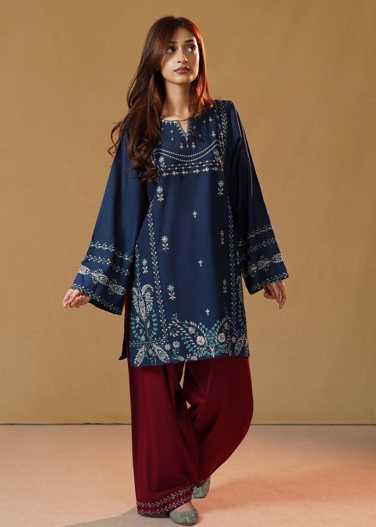 Maroon Teal Embroidered Khaddar Kurta and Slub Khaddar Online in Dubai DXB UAE Abudhabi Meena Bazaar