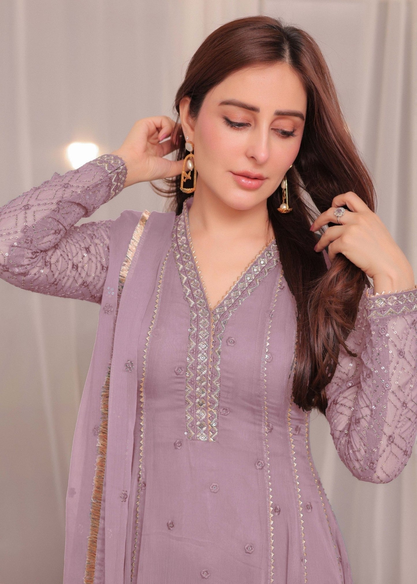 Mauve Pink Embroidered Chiffon Festive Suit Online in Dubai UAE Abudhabi Ajman Sharjah