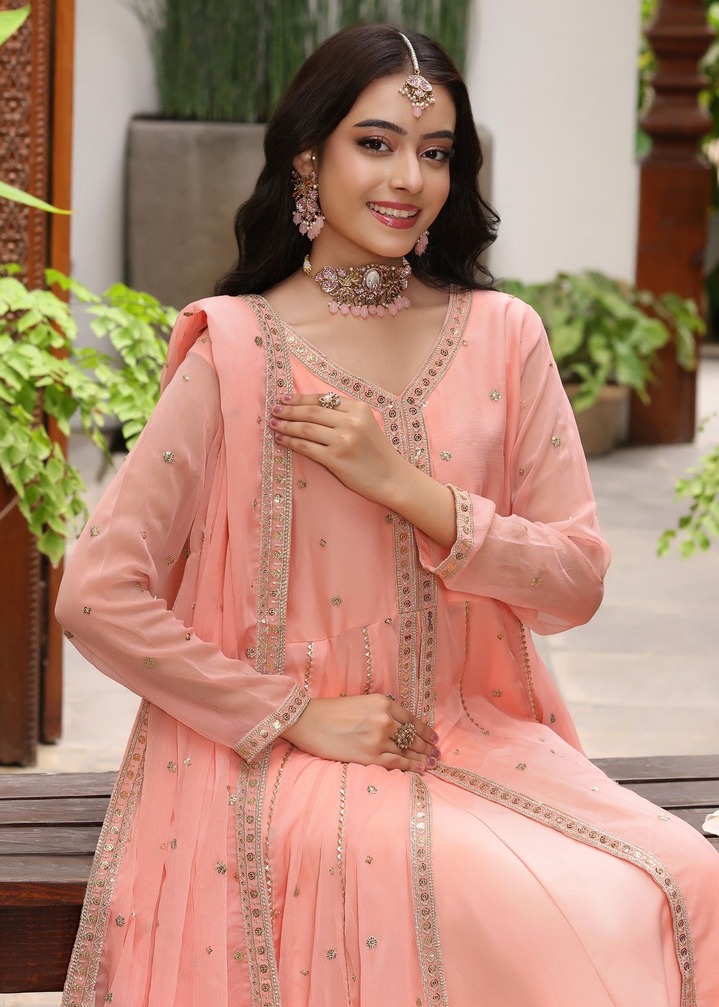 Melon Pink Chiffon Embroidered Pishwas with Trouser Online in Dubai UAE Abudhabi Ajman Sharjah