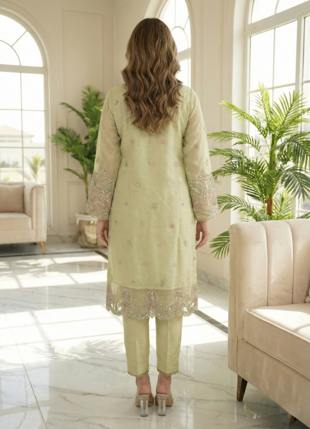 Mint Green Raw Silk Bell Bottom Pakistani Suit Online in Sri Lanka India Australia
