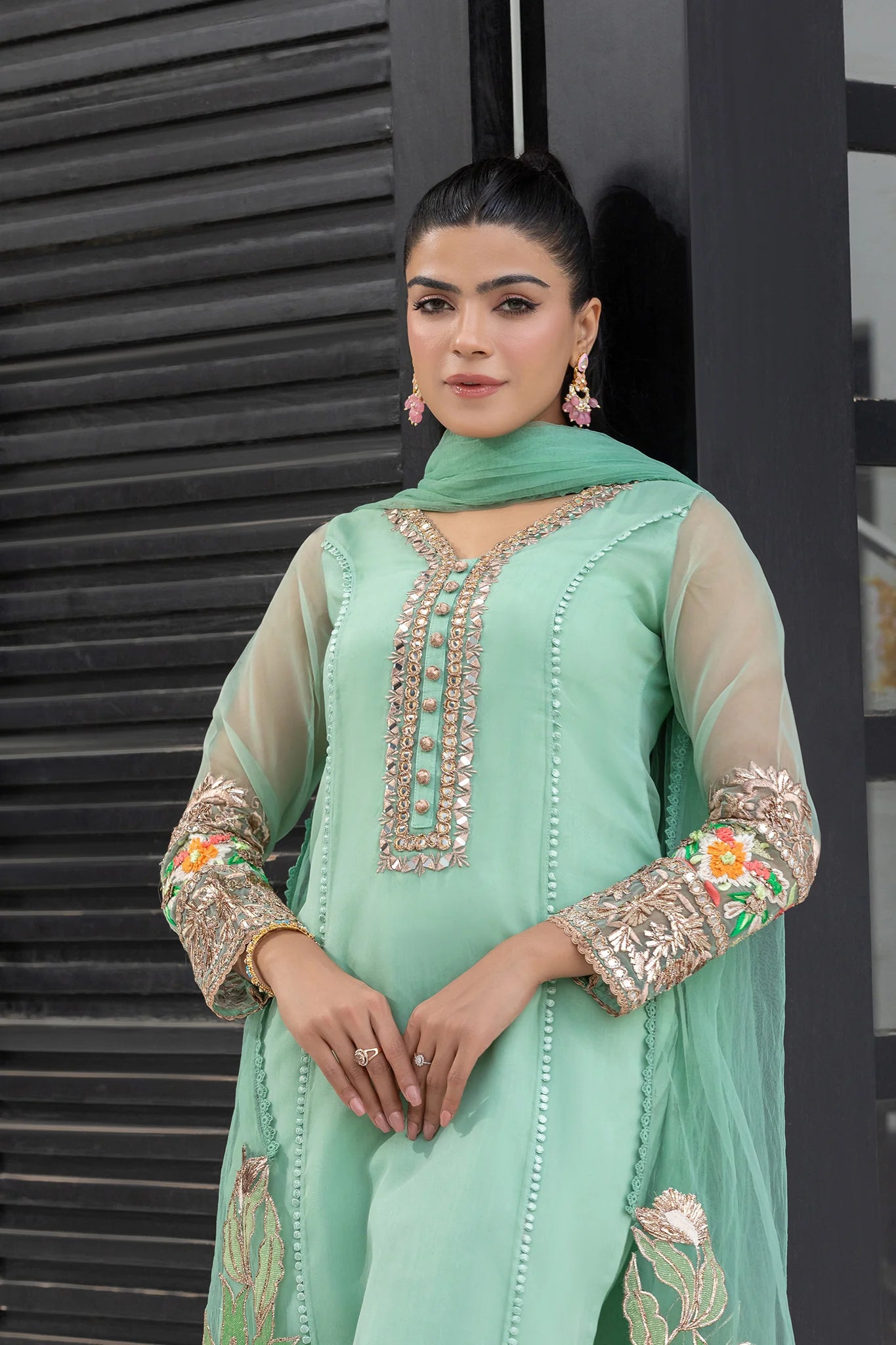 Mint Green Handmade Pure Organza Suit