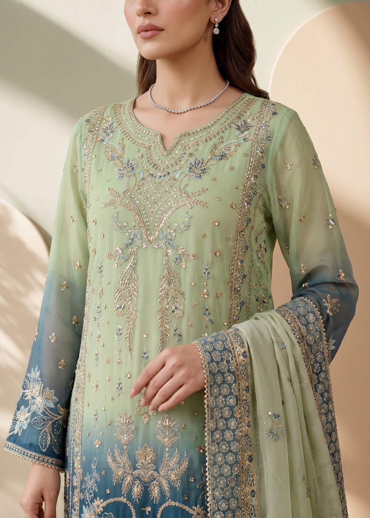 Multi Embroidered Organza Designer Suit Online in Dubai DXB UAE Abudhabi Meena Bazaar