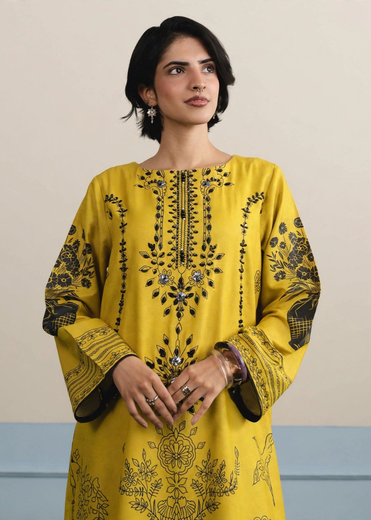 Mustard Embellished Dhanak Kaftan Trending Pakistani Clothes Online in UK USA Canada
