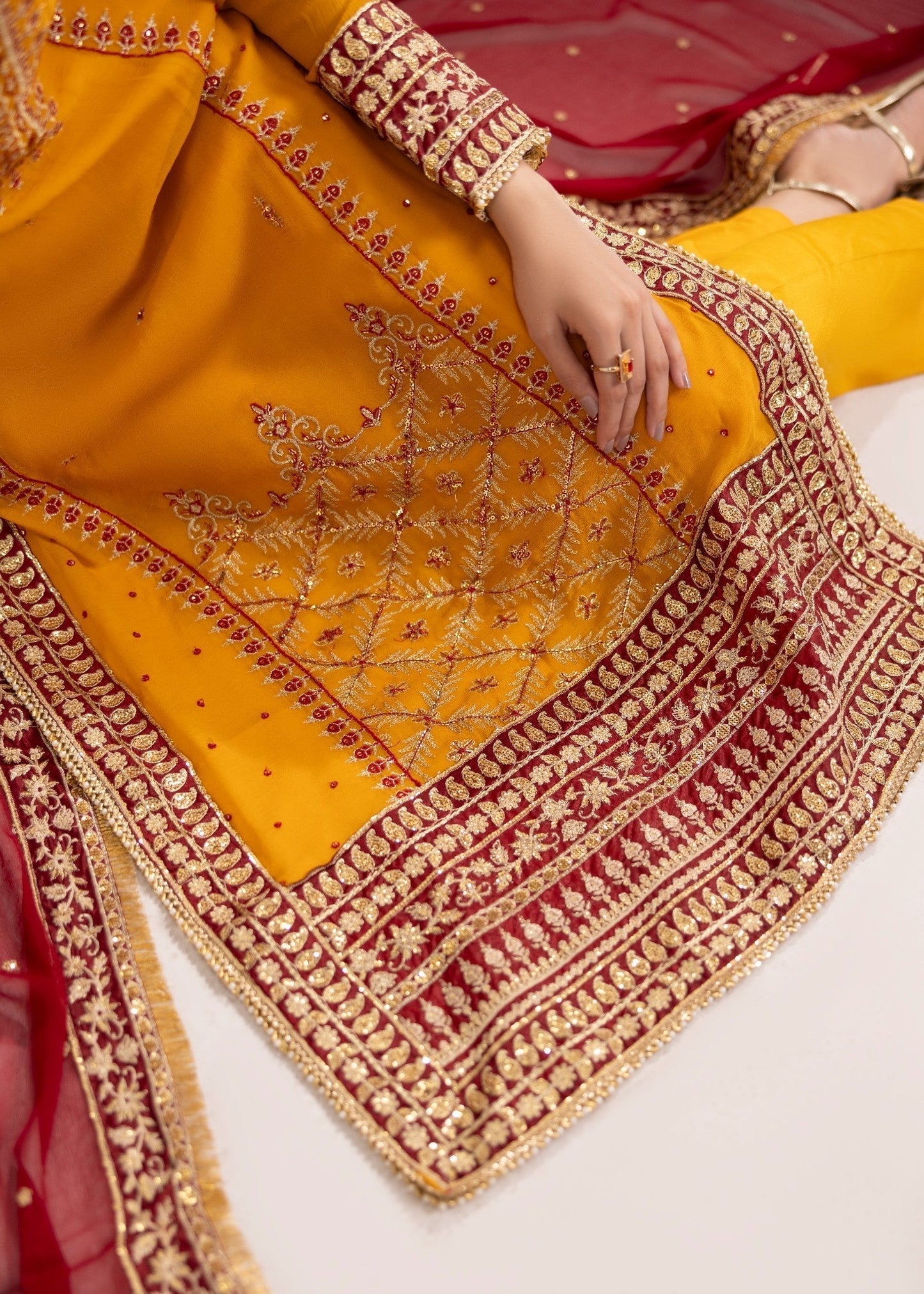 Mustard Embroidered Chiffon Straight Trouser Salwar Suit Online in Dubai UAE Abudhabi Ajman Sharjah