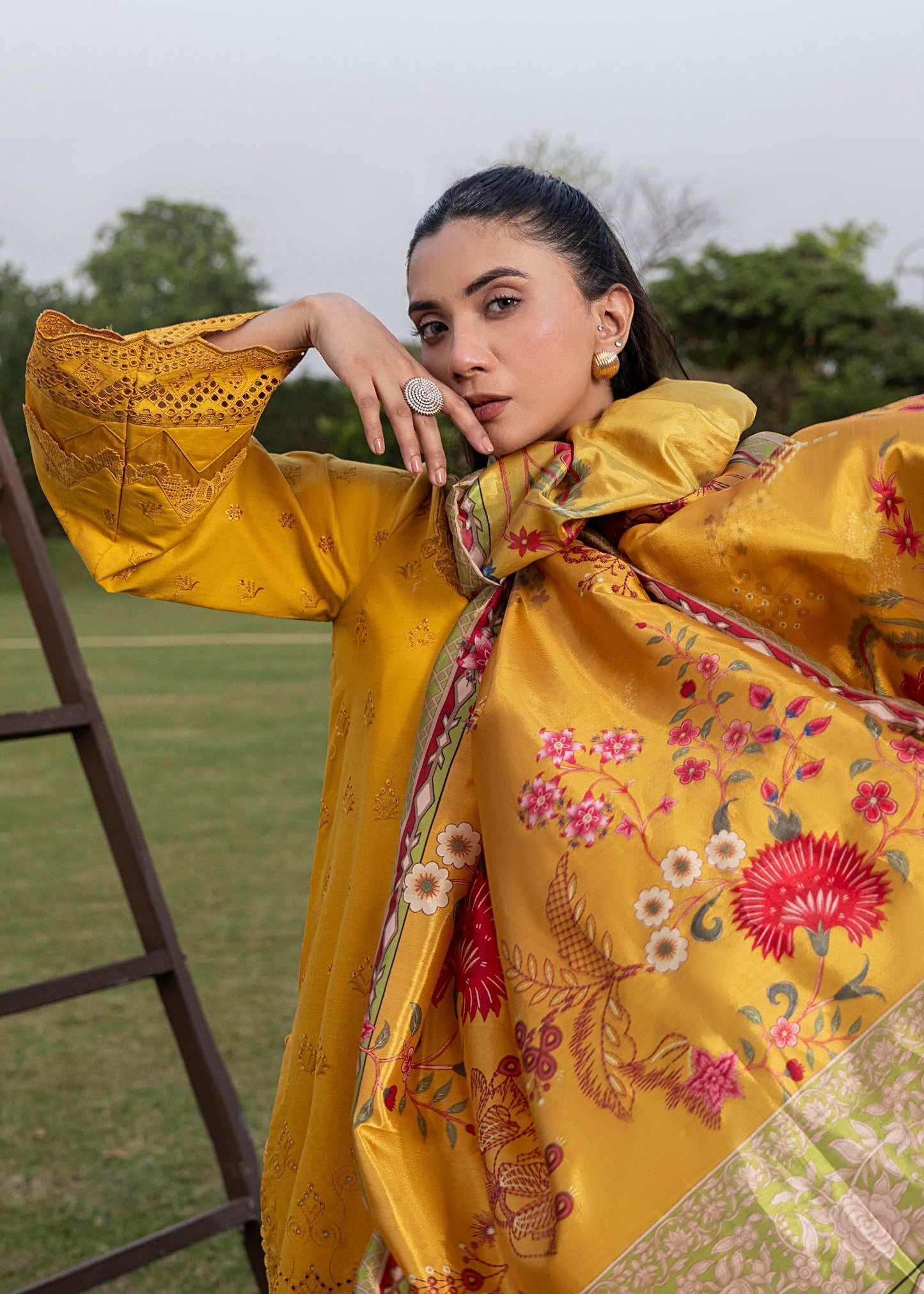 Mustard Embroidered Cotton Chikankari Partywear Suit Online in Dubai UAE Abudhabi Ajman Sharjah