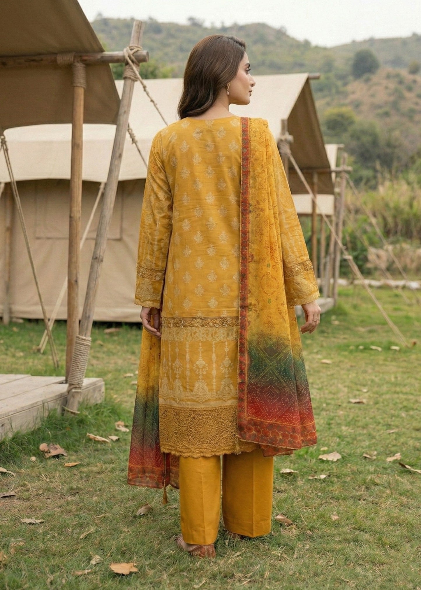 Mustard Jacquard Embroidered Suit for Women Online in Dubai UAE Abudhabi Ajman Sharjah