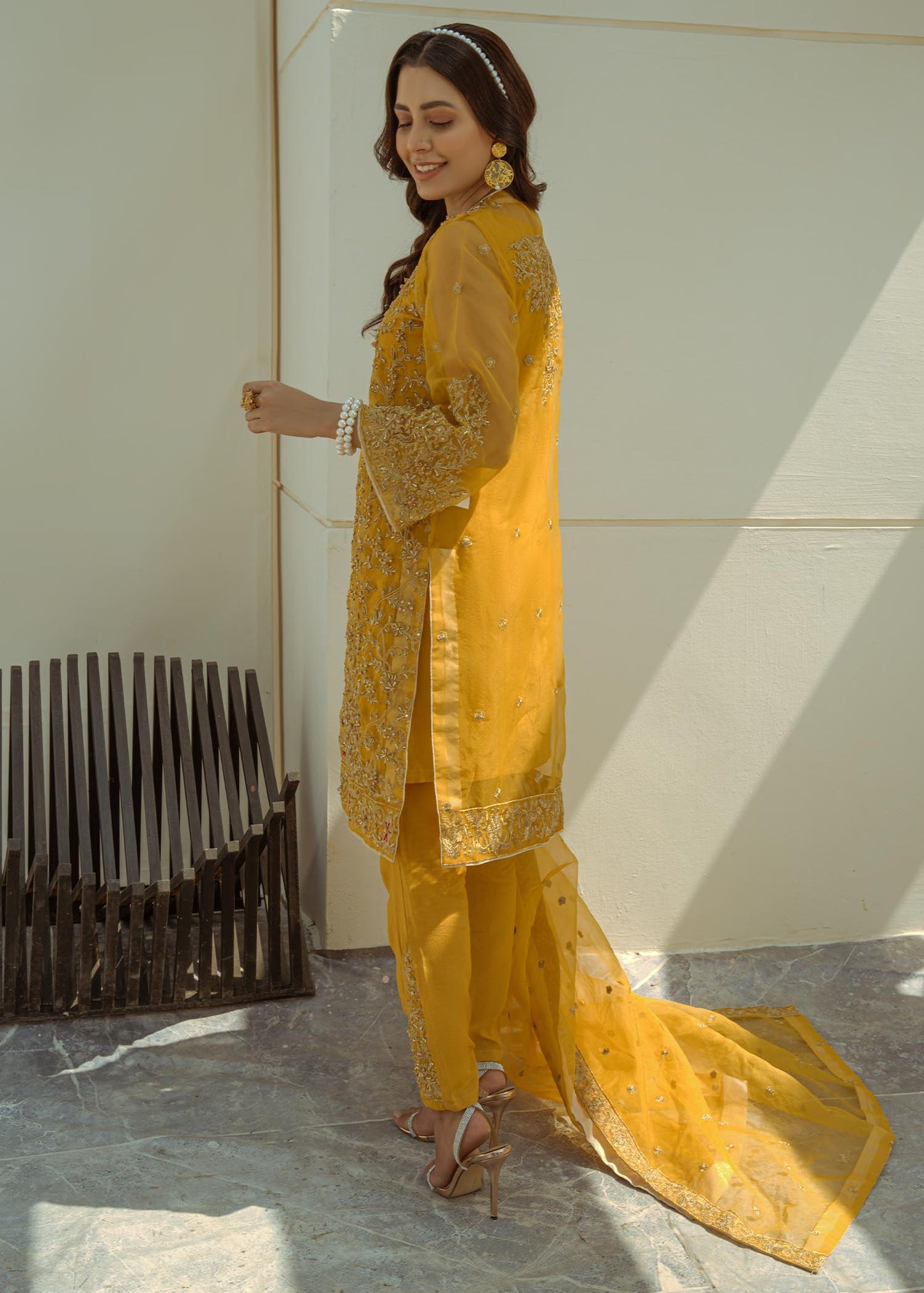 Mustard Tilla Embellished Organza Jacket Suit Online in Dubai DXB UAE Abudhabi Meena Bazaar