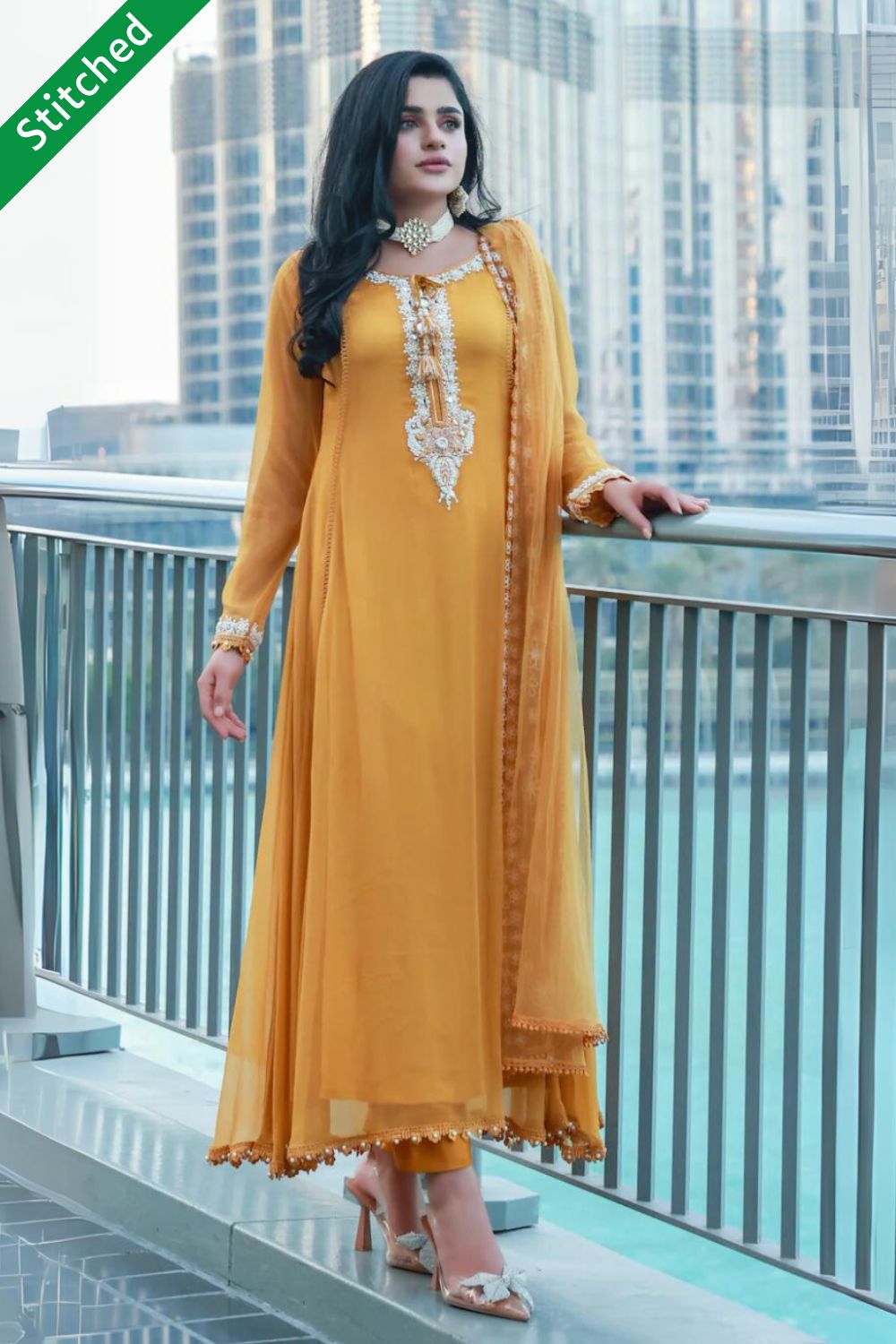 Hand Embroidered Mustard Pure Chiffon Suit