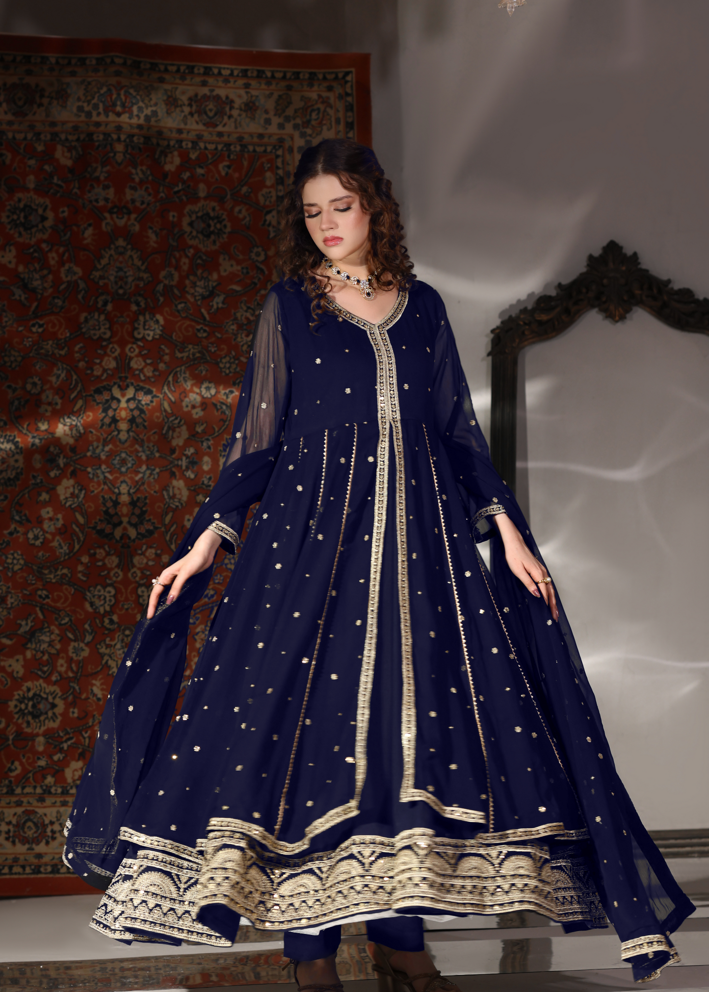 Navy Blue Chiffon Embroidered Straight Trouser Suit Online in KSA Riyadh Saudi Arabia Oman Bahrain Qatar